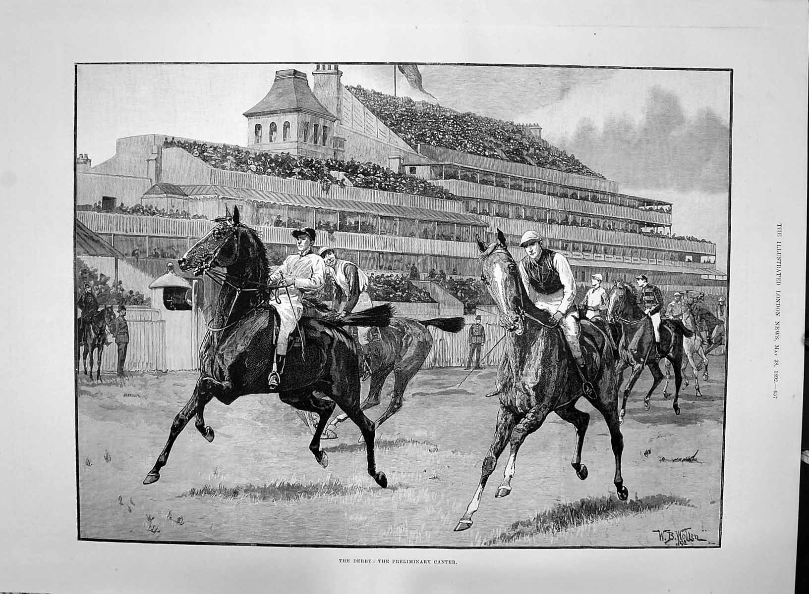 Old 1892 Derby Horse Racing Sport Preliminary Canter Jockeys Grand St Victorian