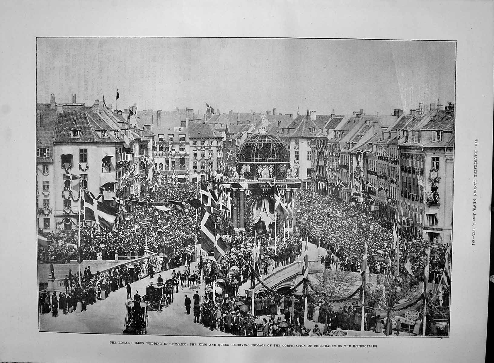Old Print 1892 Royal Gen Wedding Denmark King Queen Homage Copenhagen Ho 19th