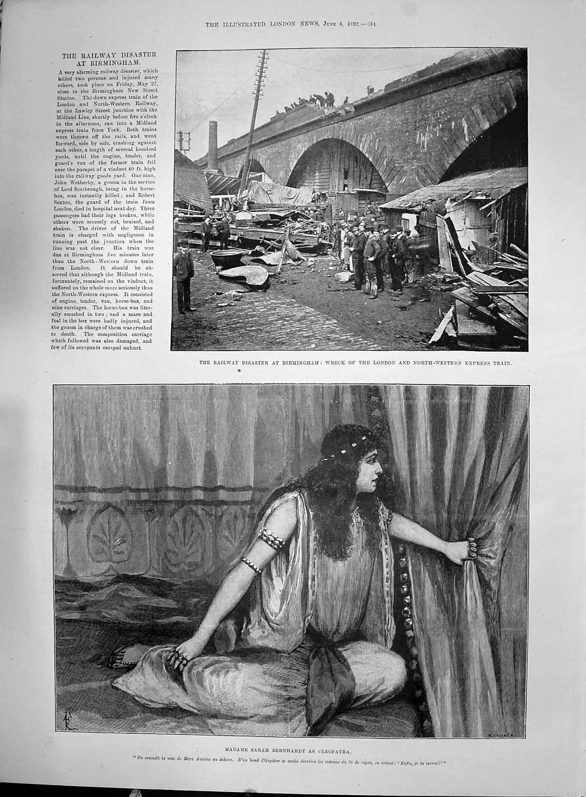 Old 1892 Sarah Bernhardt Cleopatra Theatre Railway Birmingham Crash B Victorian