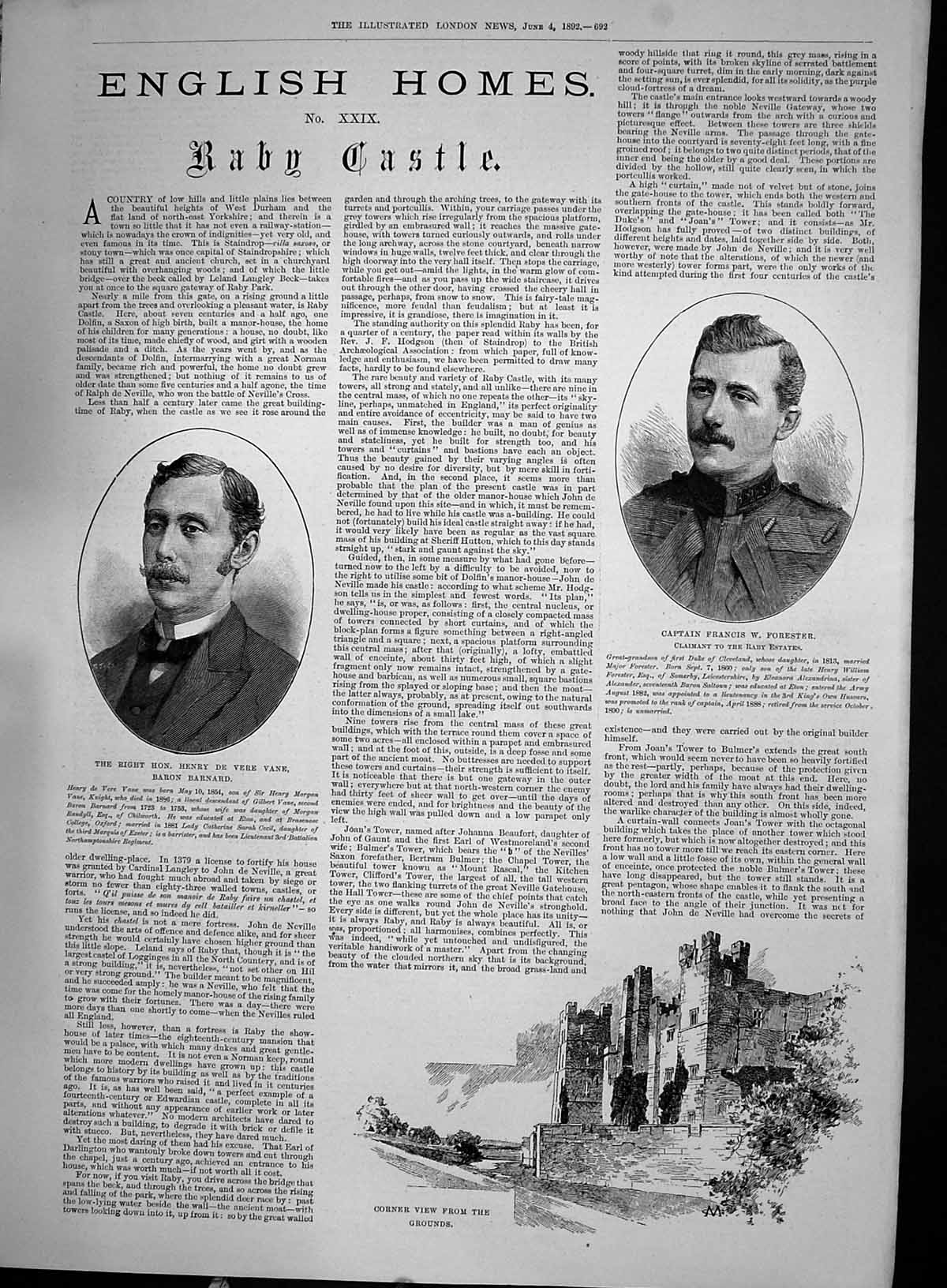 Old 1892 Raby Castle Captain Francis Forester Henry De Vere Vane Baron 19th
