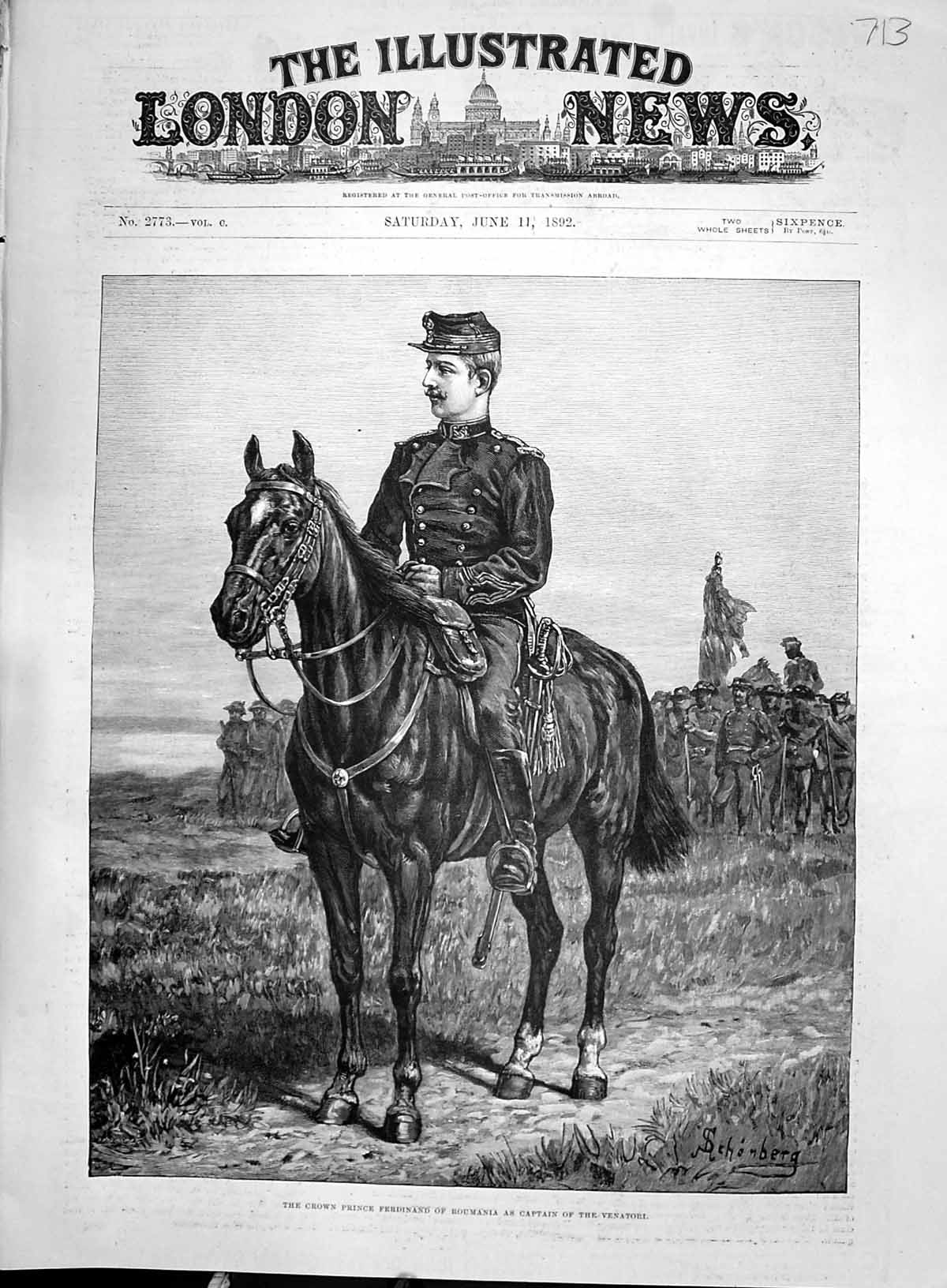 Old Print 1892 Crown Prince Ferdinand Roumania Captain Venatori War Sier 19th