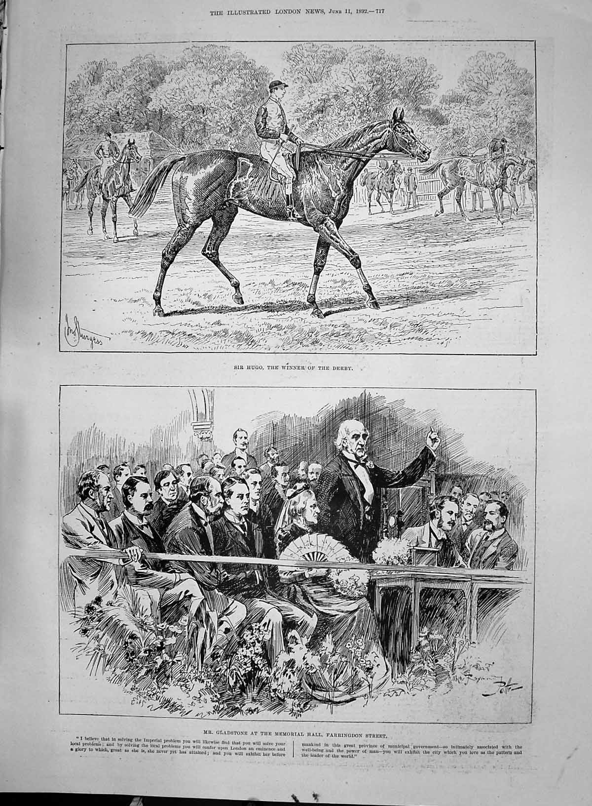 Old 1892 Sir Hugo Horse Race Derby Gladstone Farringdon Treloar Ferdi Victorian