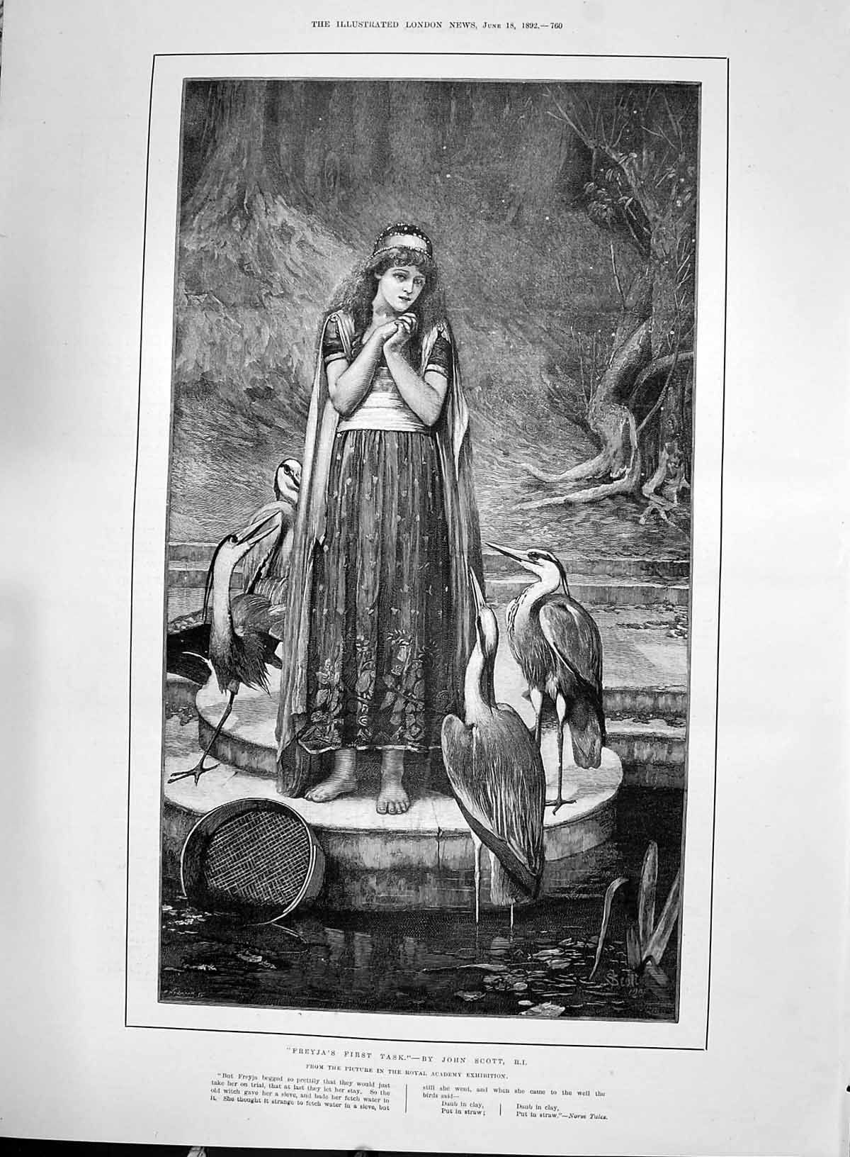 Original Old Antique Print 1892 Freyja First Task Pelican Birds John Scott 19th