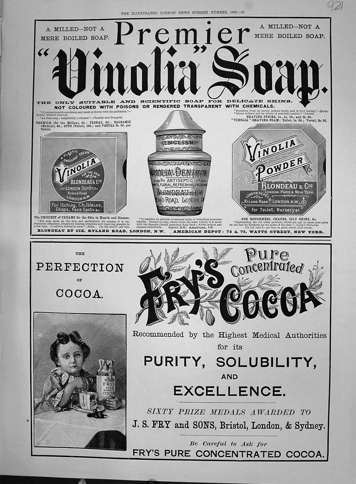 Old 1892 Advertisement Premier Vinolia Soap Fry'S Pure Concentrated C Victorian