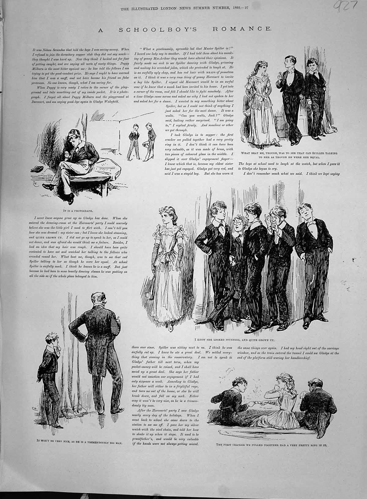 Original Old Antique Print 1892 Story Illustration Schoolboy'S Romance 19th