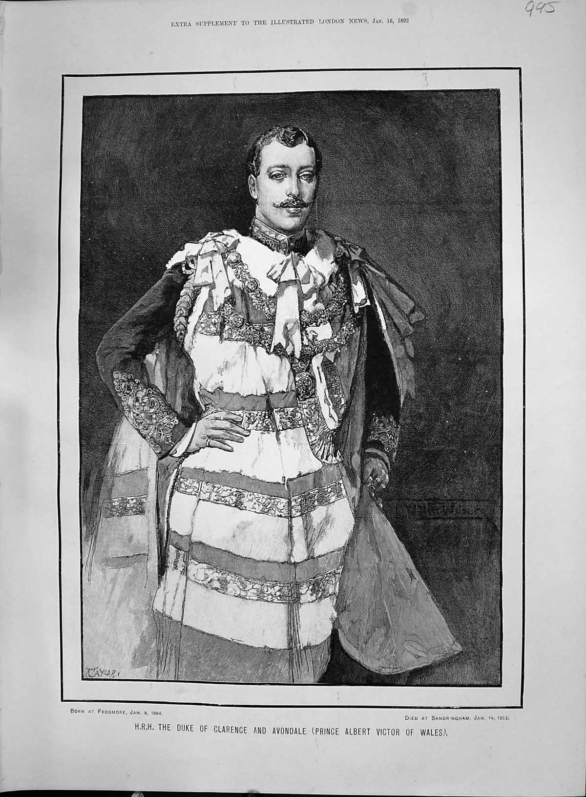 Antique Print 1892 H.R.H. Duke Clarence Avondale Prince Albert Victor Wales