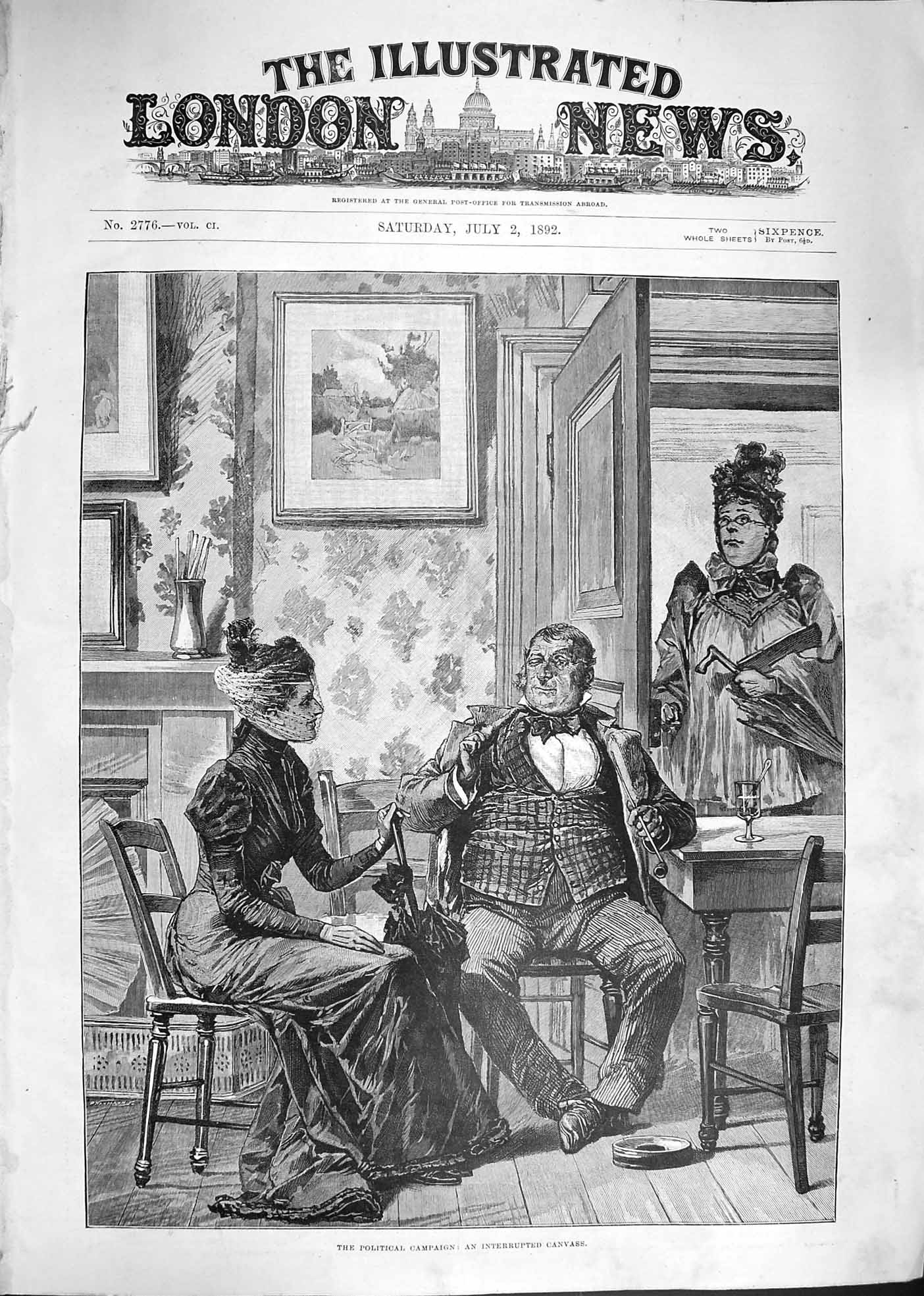 Original Old Antique Print 1892 Political Campaign Interrupted Canvass Man Lady
