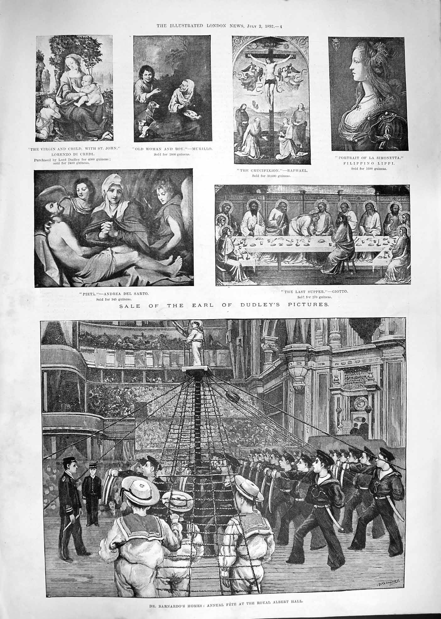 Old Antique Print 1892 Barnardo Home Royal Albert Hall Dudley Art Pieta 19th