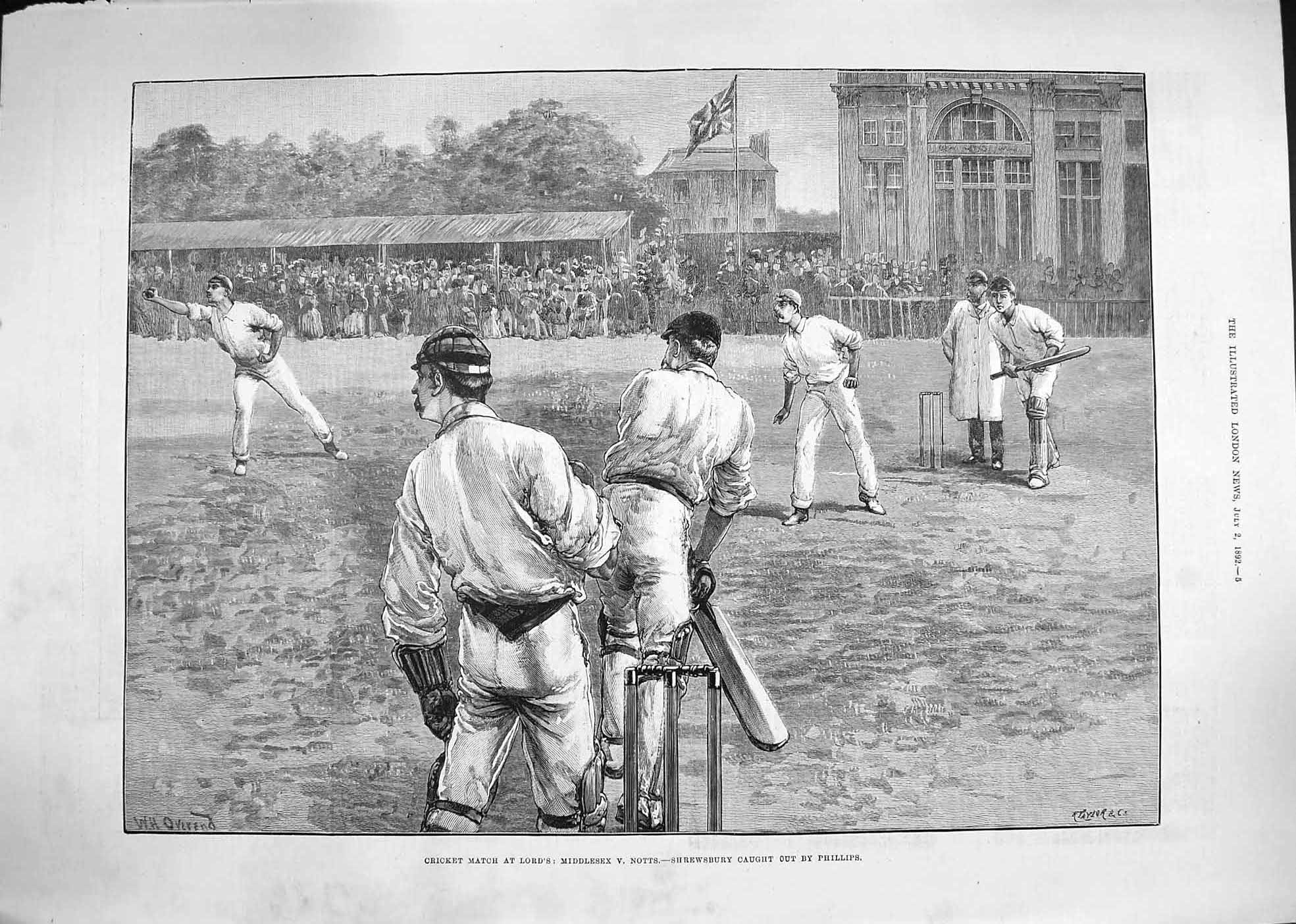 Old Antique Print 1892 Cricket Lords Middlesex Notts Shrewsbury Phillips 19th