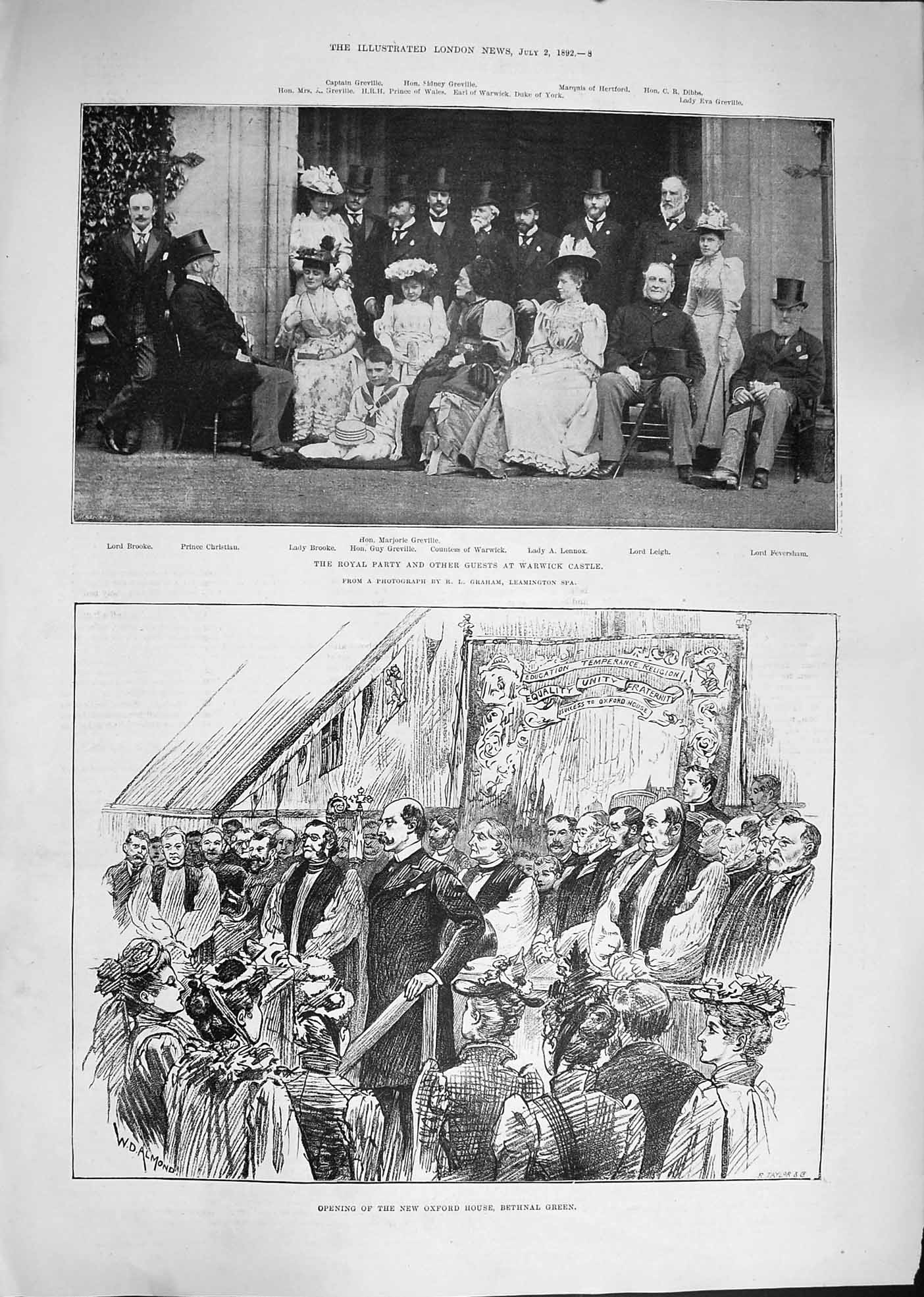 Original Old Antique Print 1892 Warwick Castle Prince Earl Oxford Bethnal Green