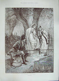 Original Old Antique Print Downing 1892 Fishing Jack Man River Ladies Net 19th