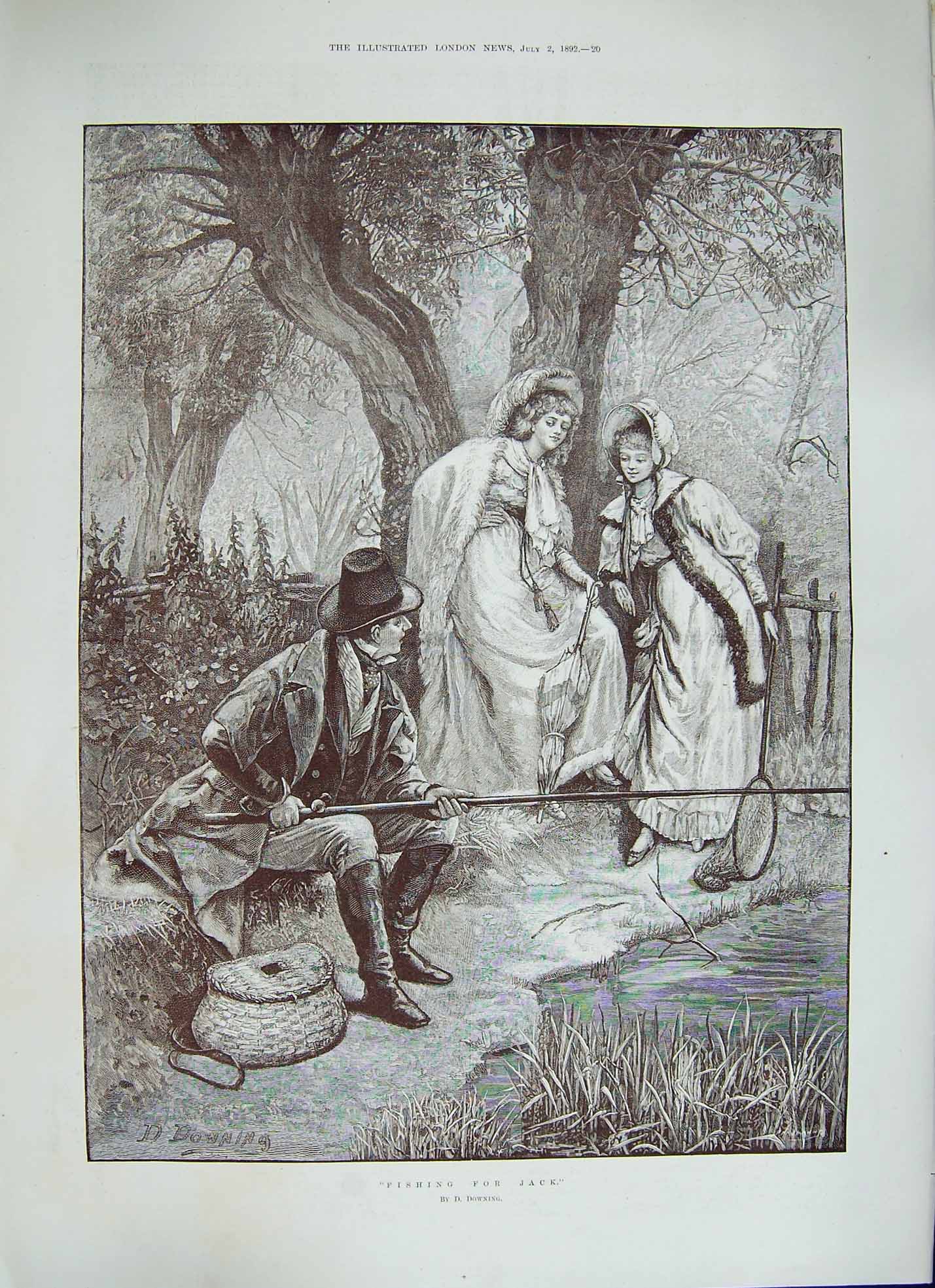 Original Old Antique Print Downing 1892 Fishing Jack Man River Ladies Net 19th