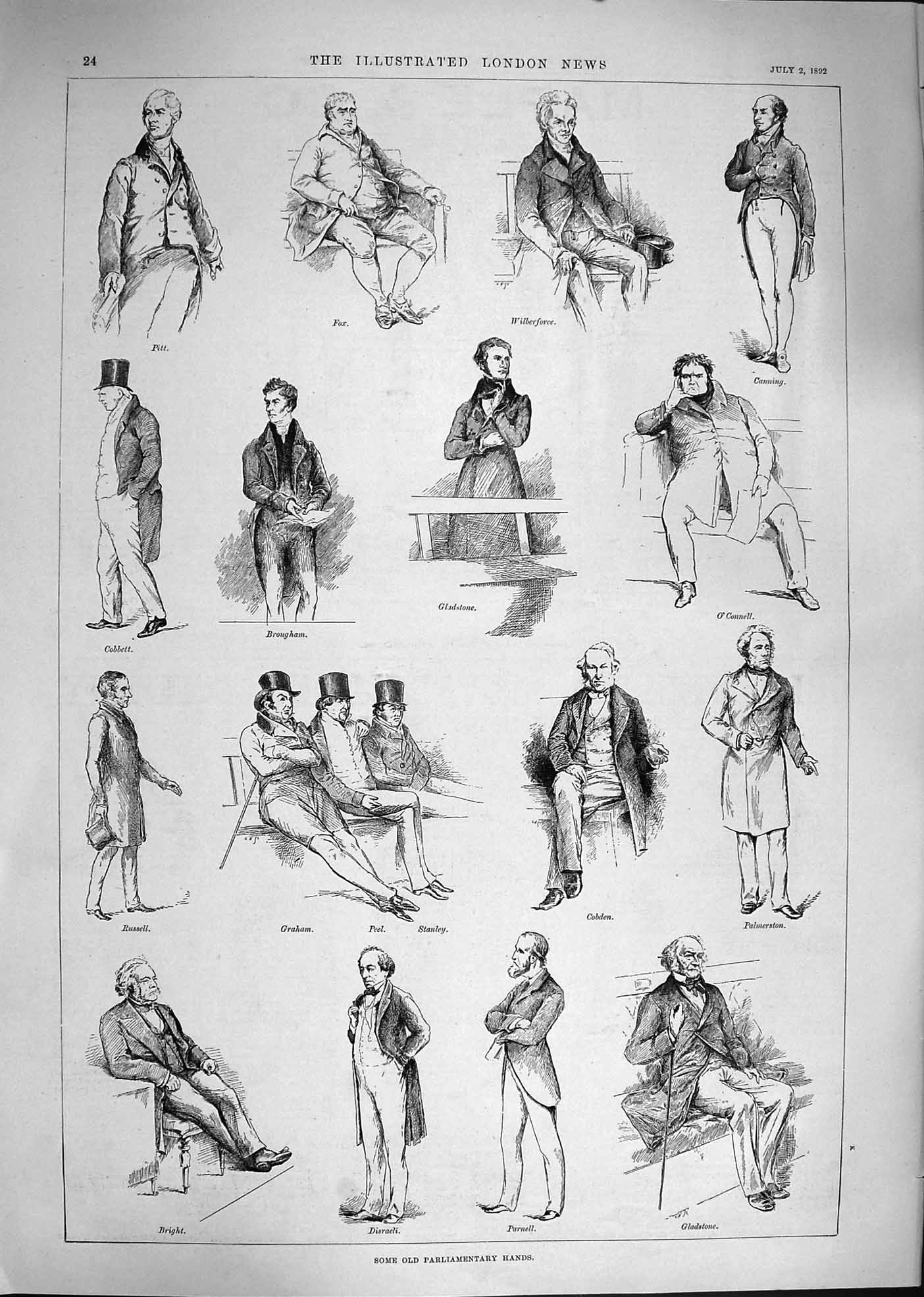 Original Old Antique Print 1892 Parliament Fox Graham Disraeli Bright Cobd 19th