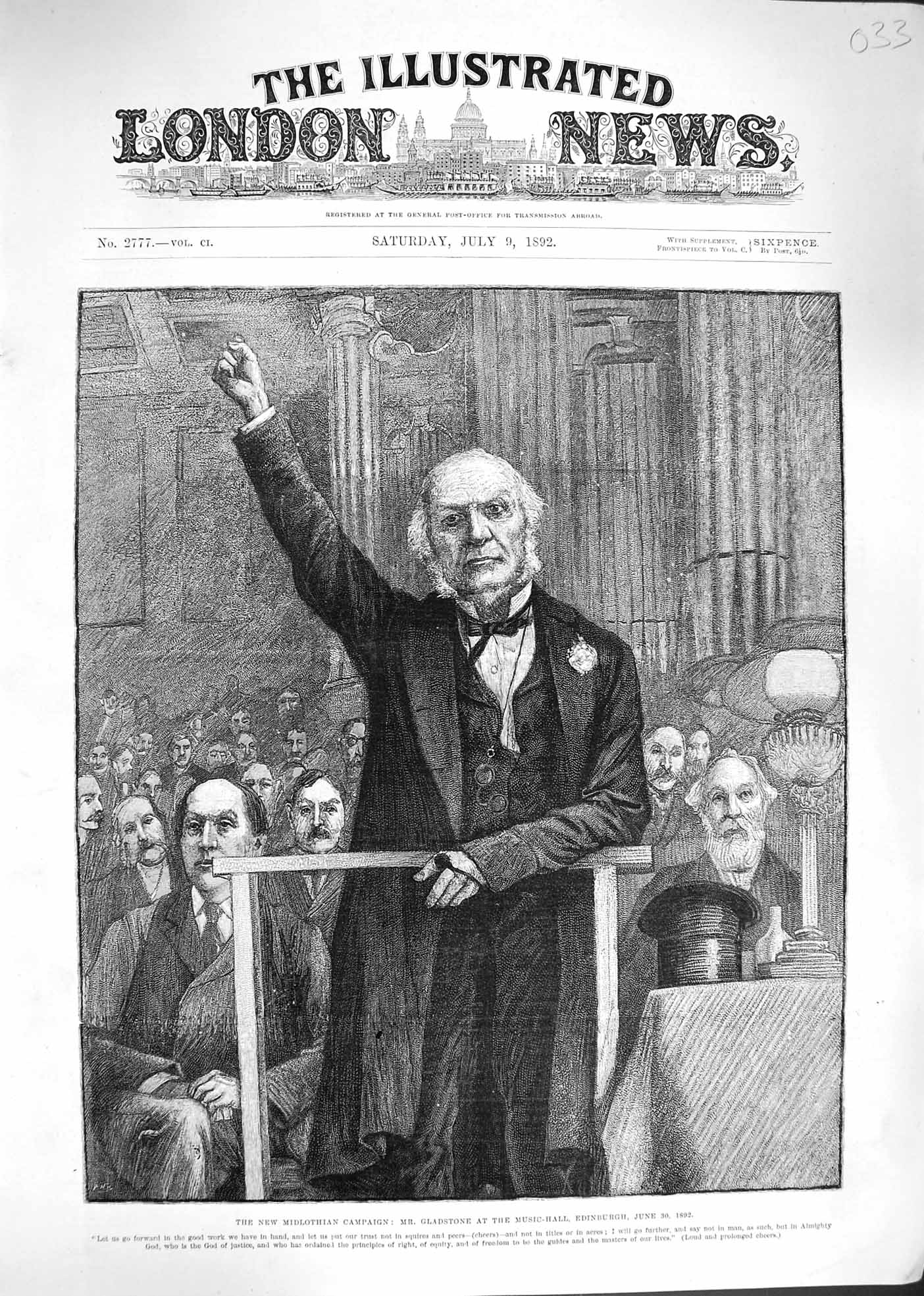 Old Antique Print 1892 Midlothian Campaign Gladstone Music-Hall Edinburgh 19th