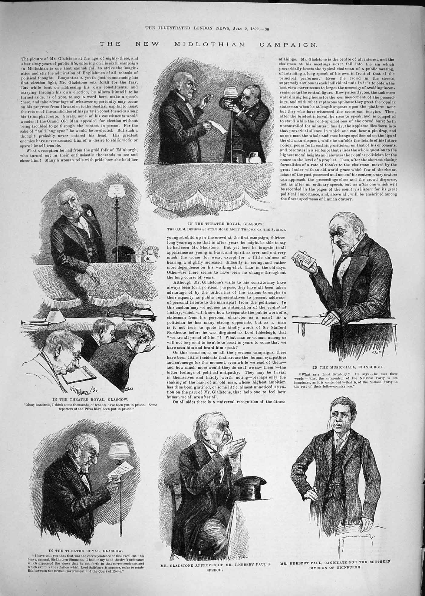 Original Old Antique Print 1892 Midlothian Theatre Glasgow Gladstone Edinburgh