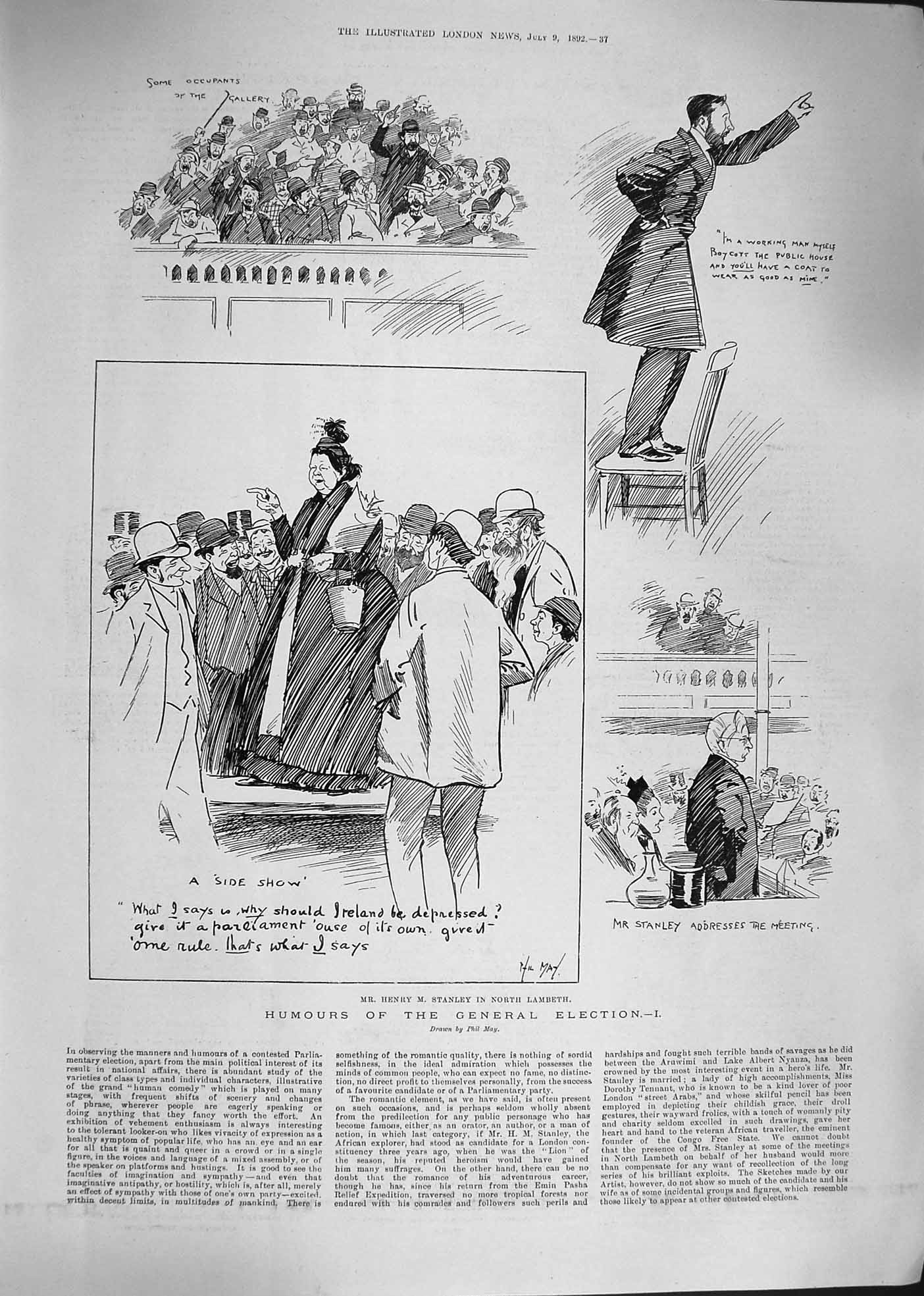 Original Old Antique Print 1892 General Election Henry Stanley Lambeth Gallery