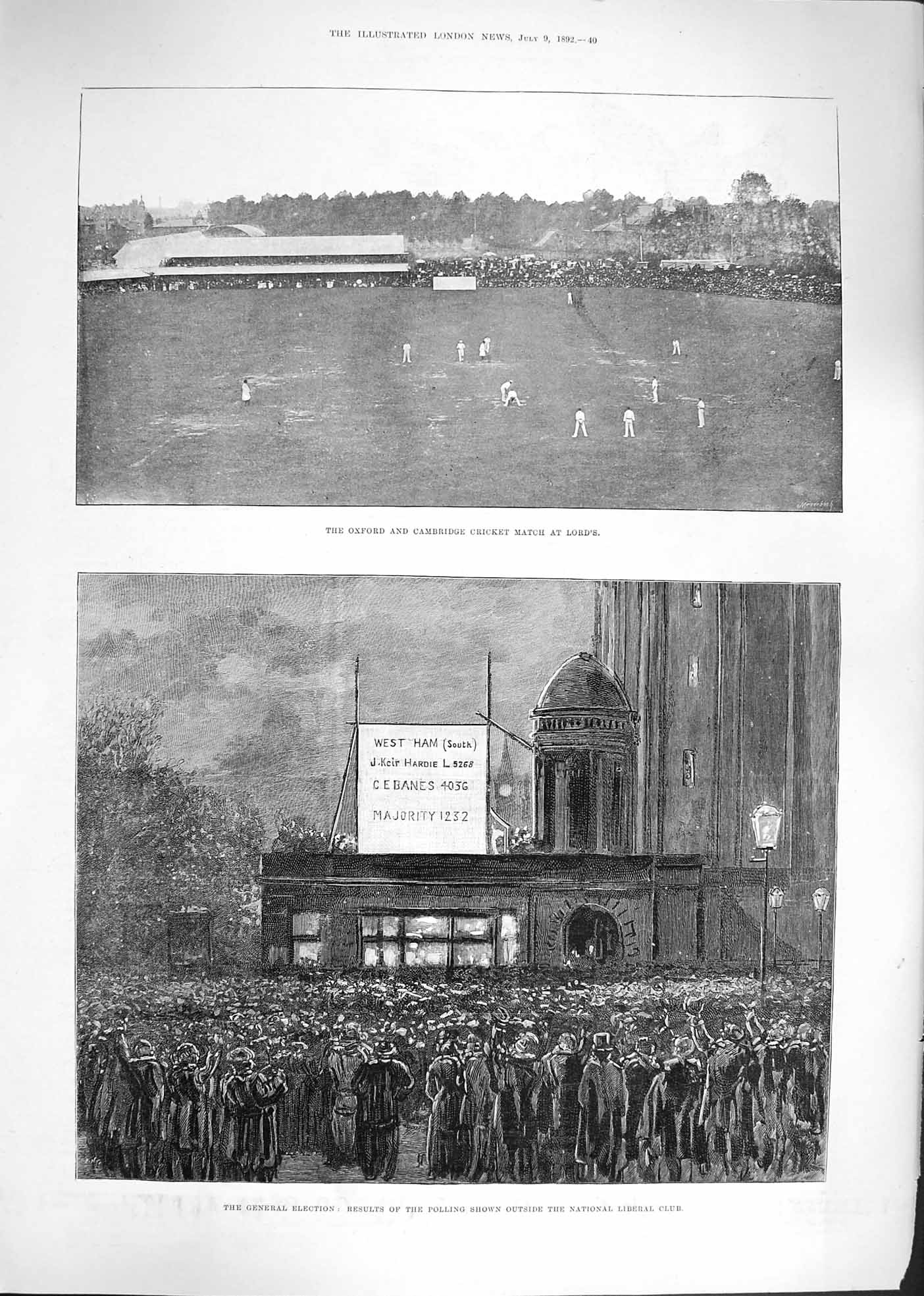 Original Old Antique Print 1892 Oxford Cambridge Cricket Lords Election Liberal