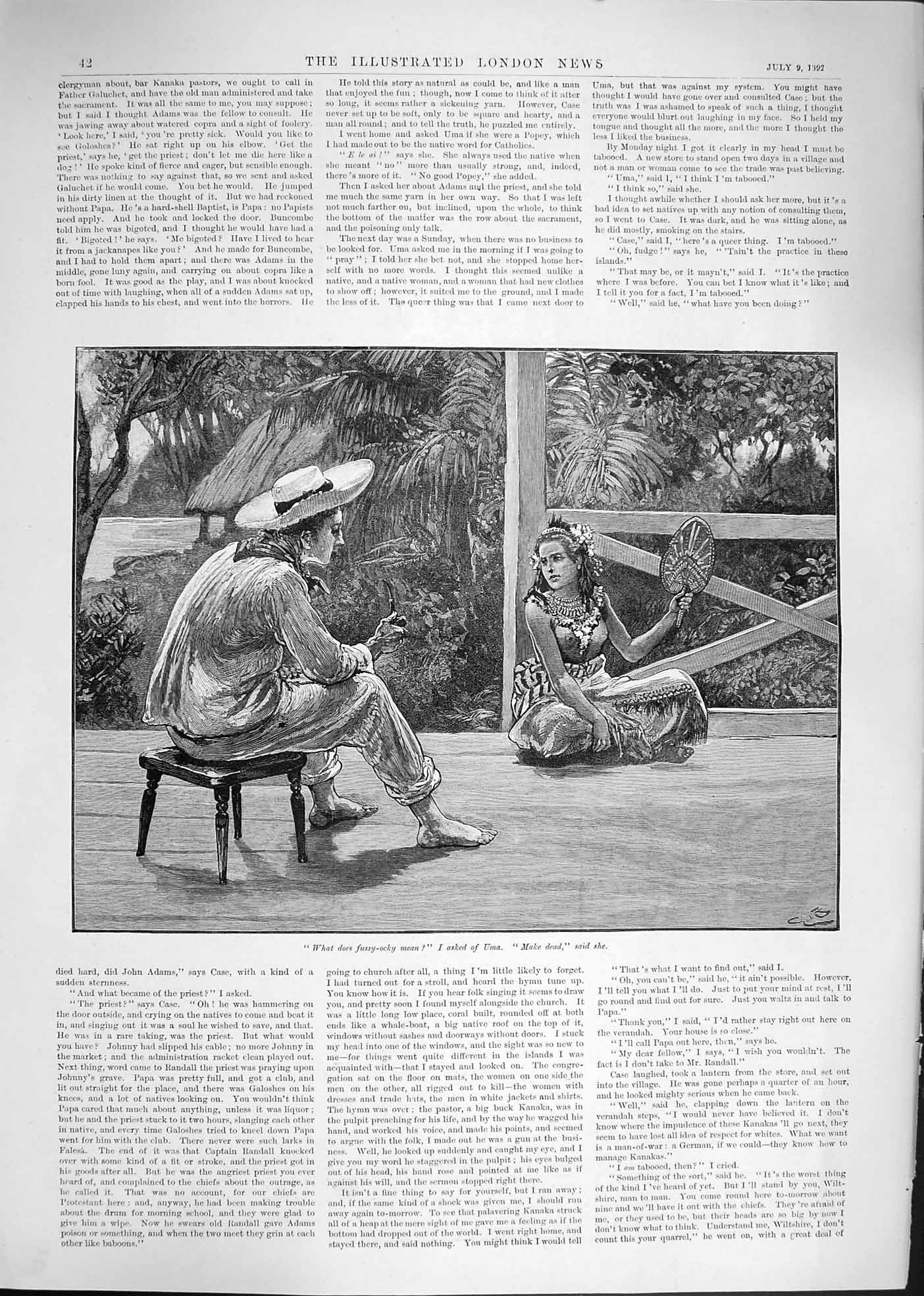 Original Old Antique Print 1892 Scene Man Smoking Pipe Native Girl Fan 19th