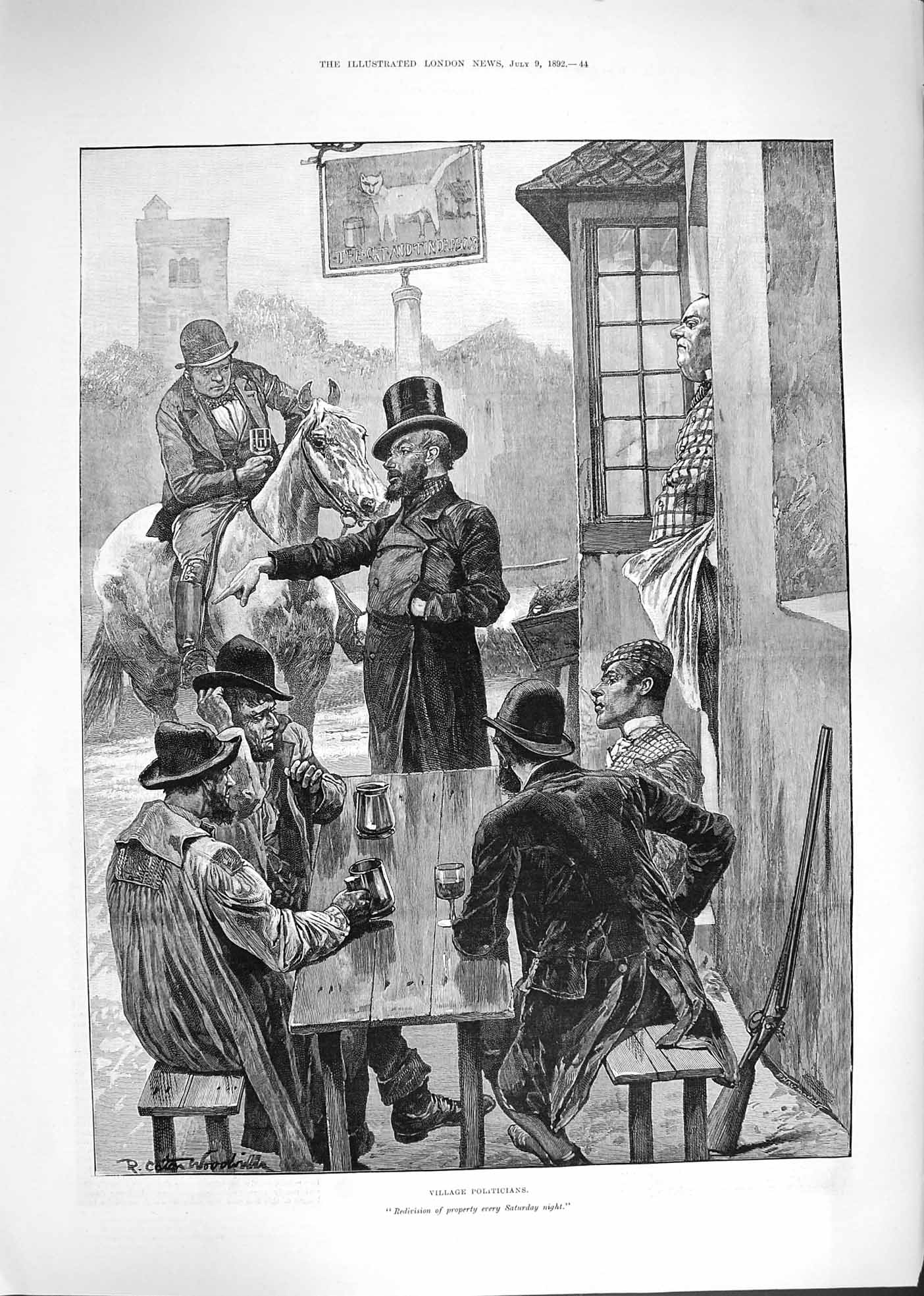 Old Antique Print 1892 Village Politicians Men Cat And Tinder Box Pub Inn 19th