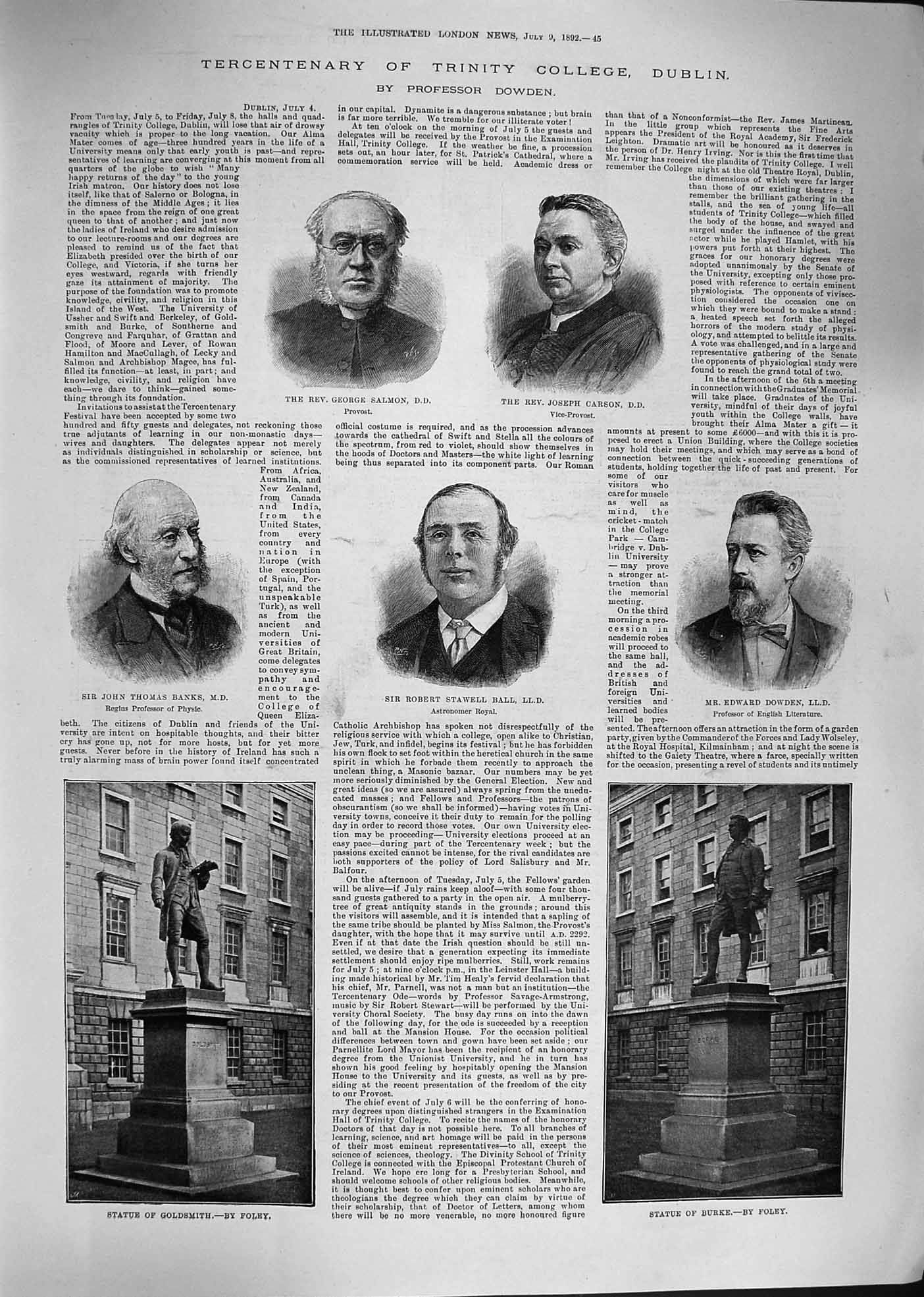Original Old Antique Print 1892 Trinity College Dublin Salmon Ball Burke School