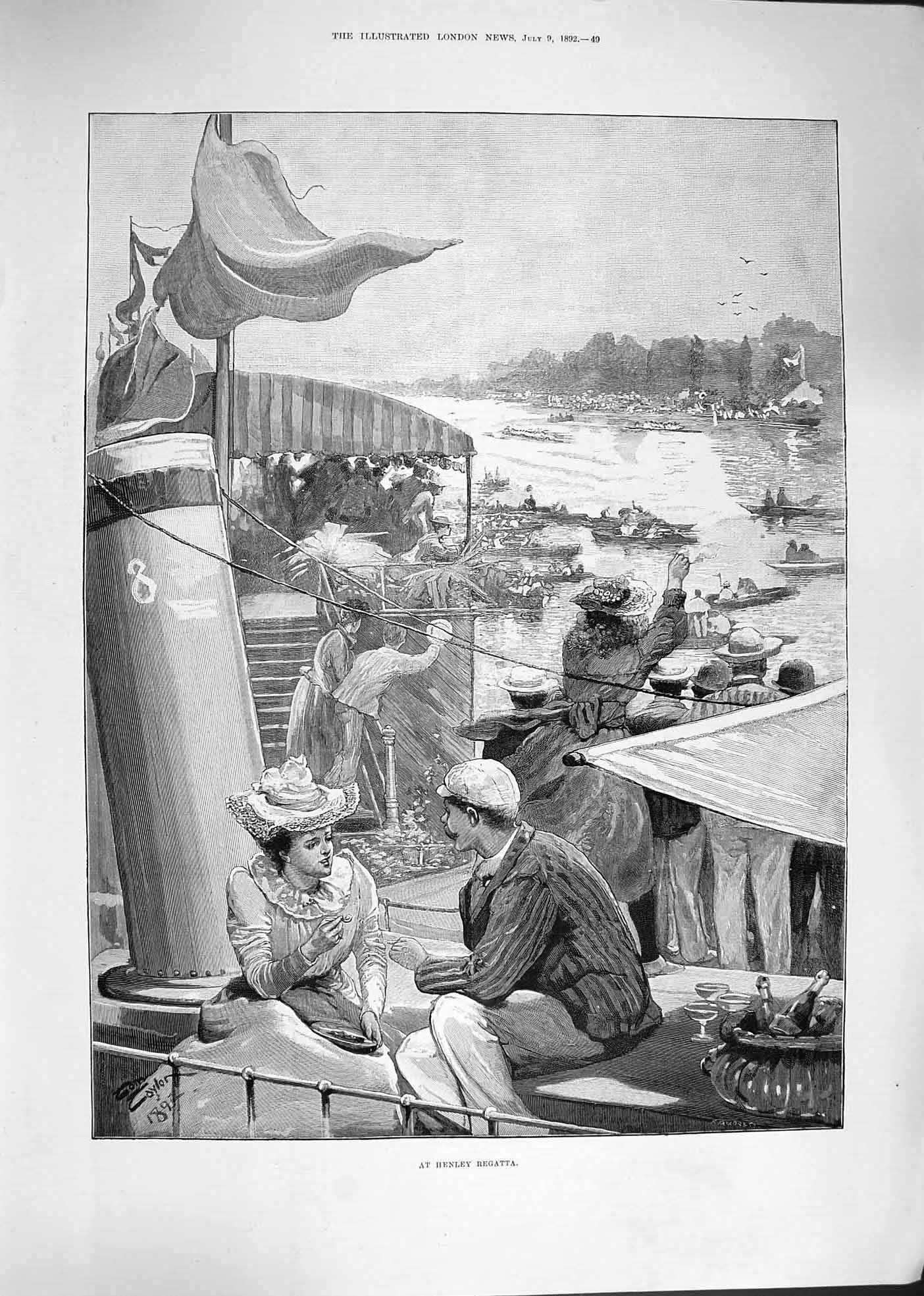 Original Old Antique Print Taylor 1892 Henley Regatta River Boating Romance