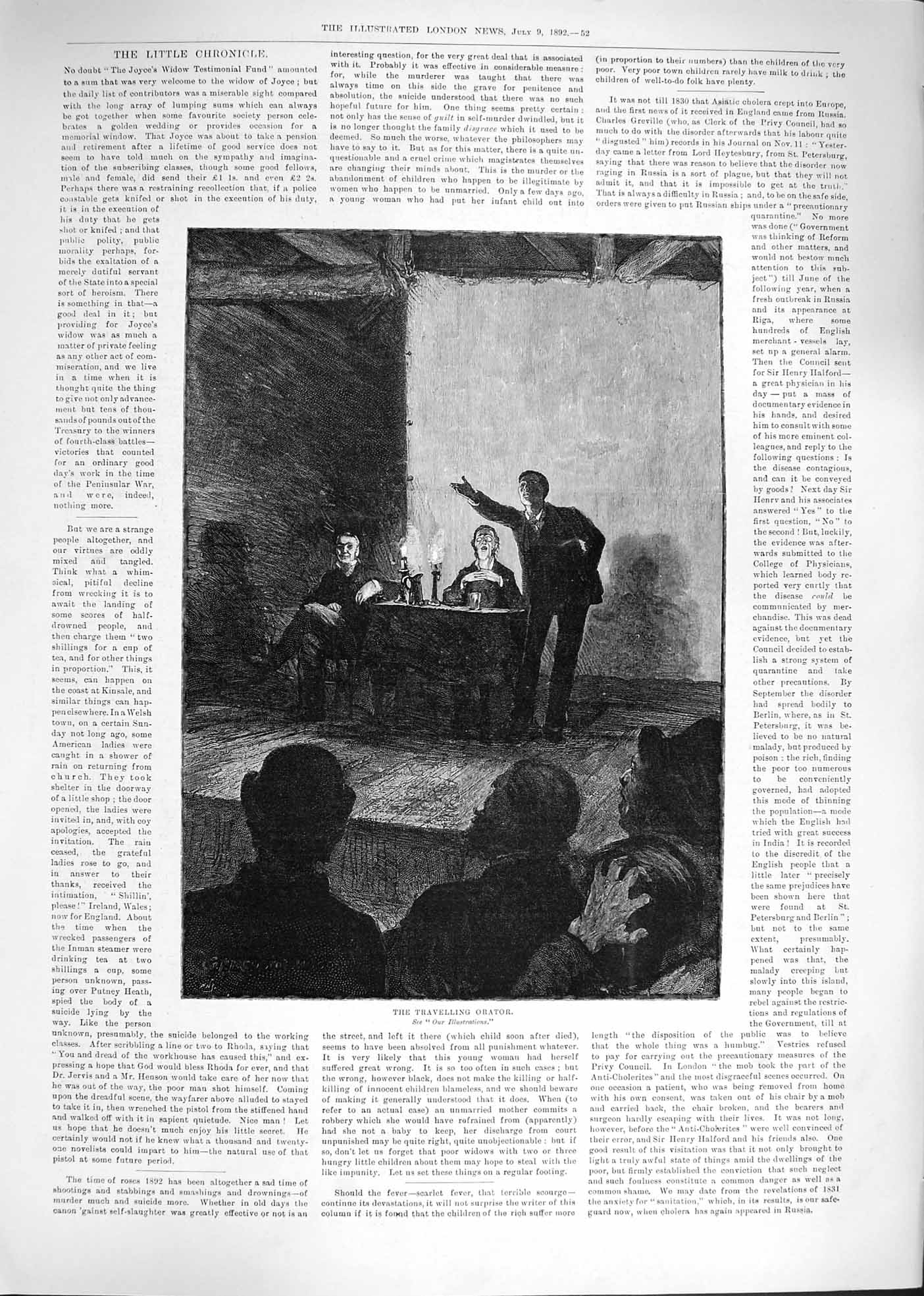 Original Old Antique Print Fine Art 1892 Travelling Orator Spectators Victorian