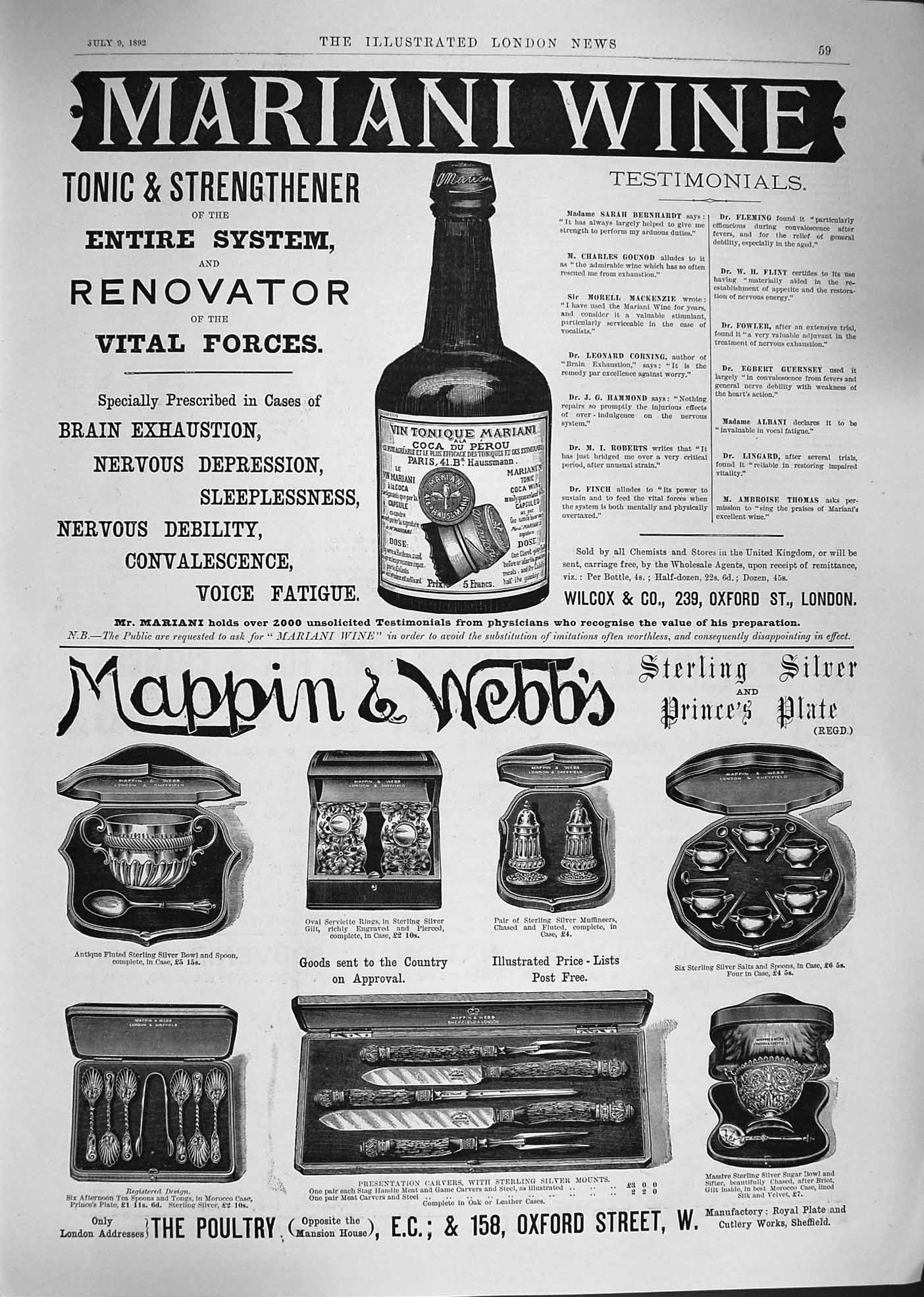 Original Old Antique Print 1892 Advertisement Mariani Wine Wilcox Mapp Victorian