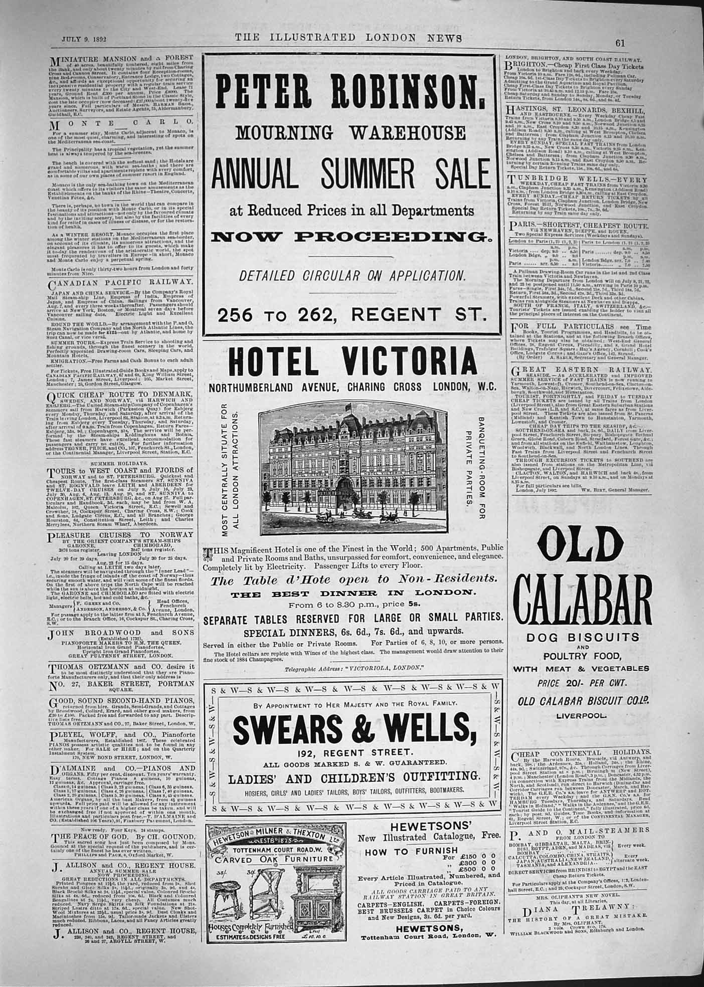 Old Antique Print 1892 Advertisement Hotel Victoria Peter Robinson Wells 19th