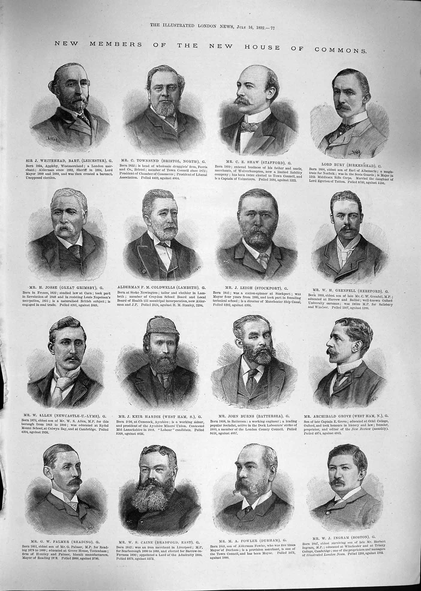 Old Antique Print 1892 Commons Hardie Burns Caine Ingram Little Myers Men 19th