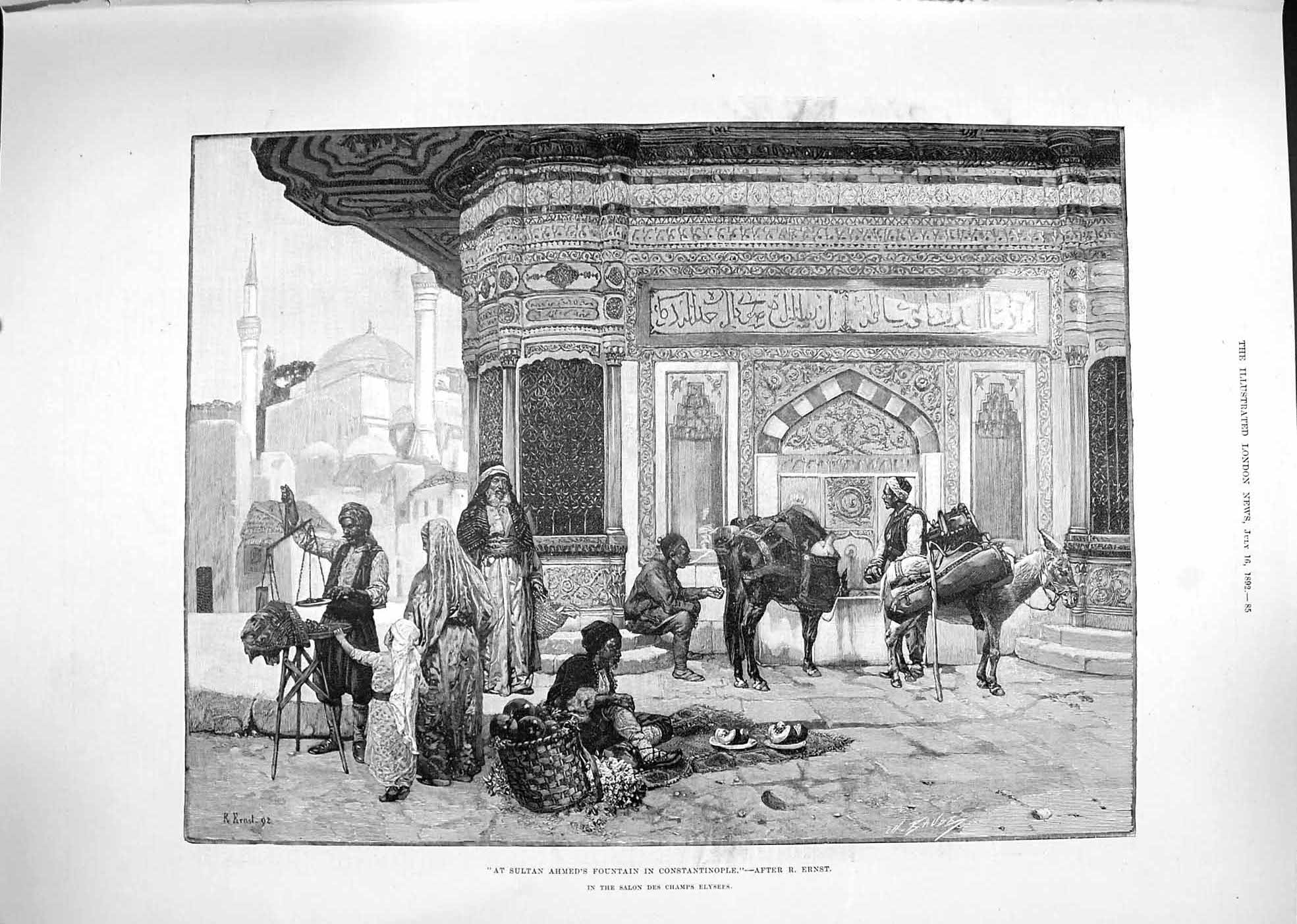 Old Antique Print 1892 Scene Sultan Ahmed Fountain Constantinople Ernst 19th