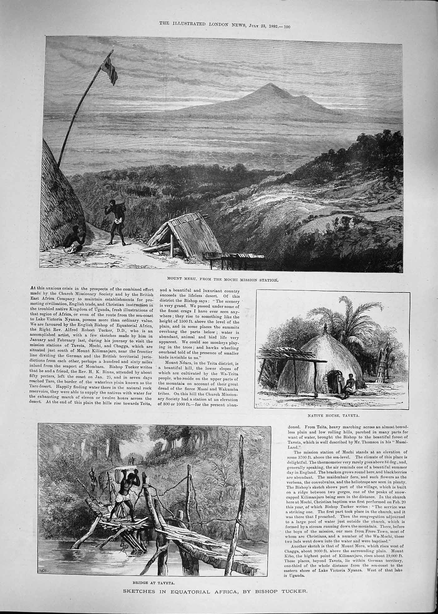 Original Old Antique Print 1892 Mount Meru Mochi Mission Station Africa Taveta