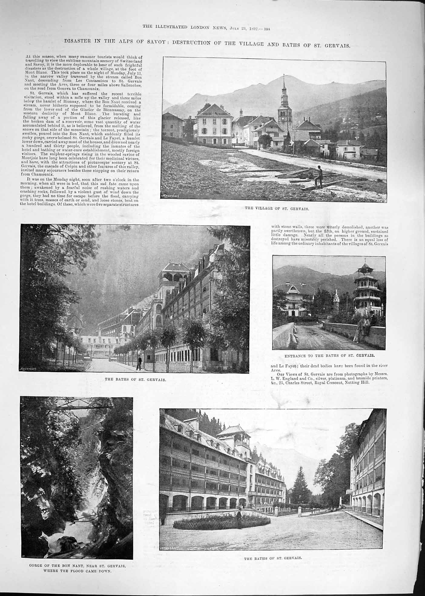 Original Old Antique Print 1892 Alps Savoy Gervais Baths Gorge Bon Nant Floods