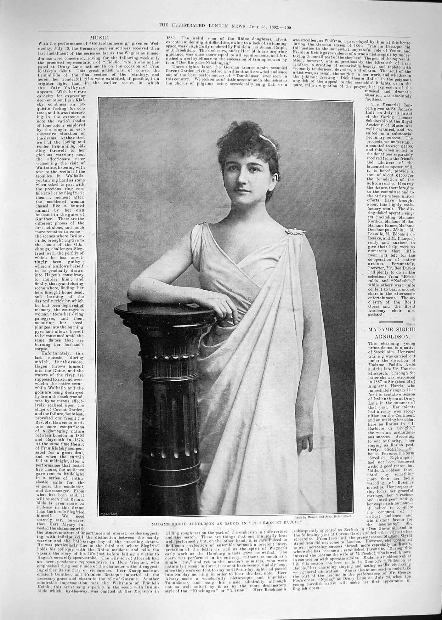 Original Old Antique Print 1892 Portrait Madame Sigrid Arnson Baucis Philemon