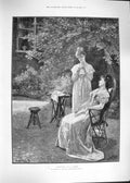 Original Old Antique Print 1892 Confidence Young Women Talking Garden Flowers