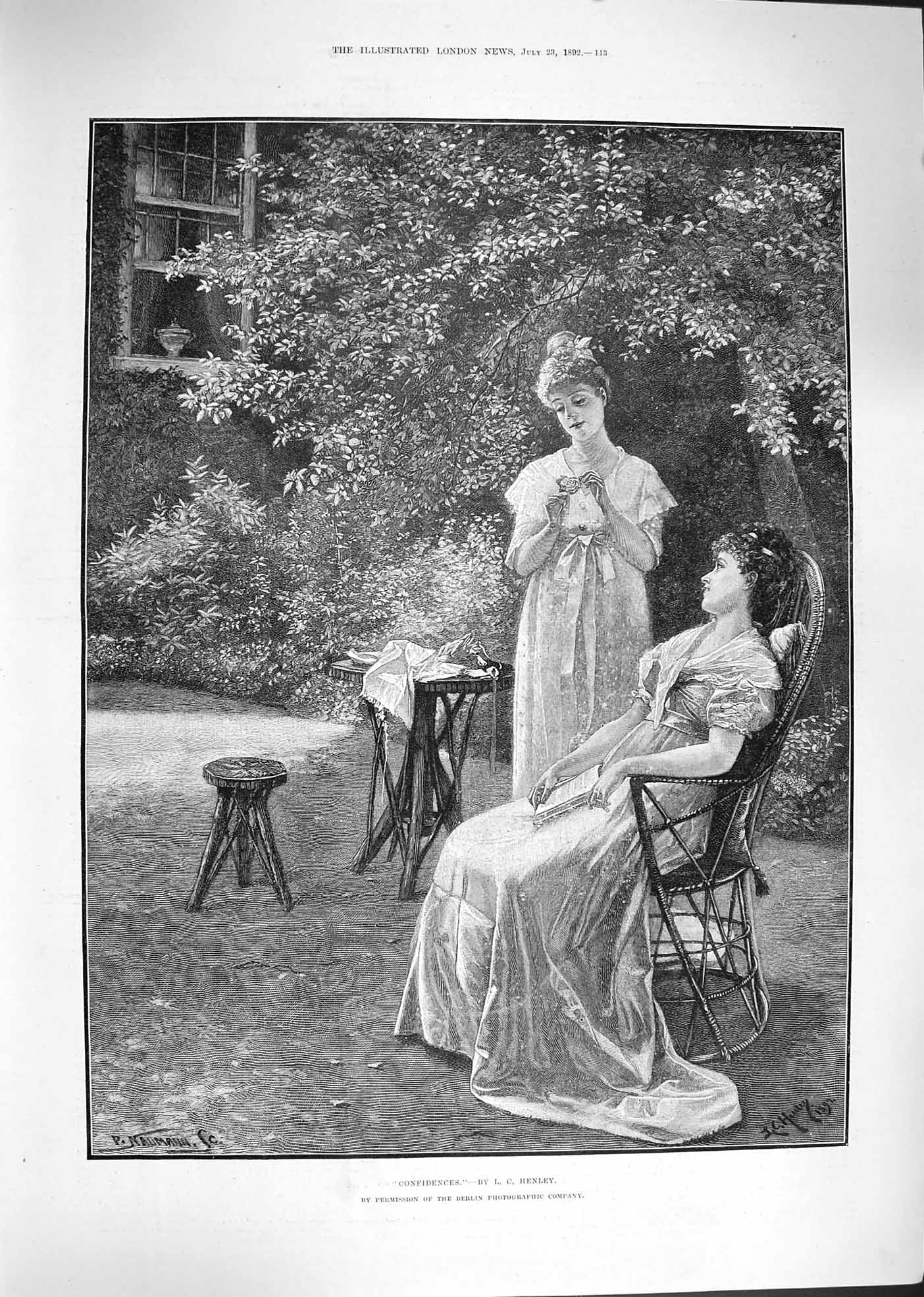 Original Old Antique Print 1892 Confidence Young Women Talking Garden Flowers