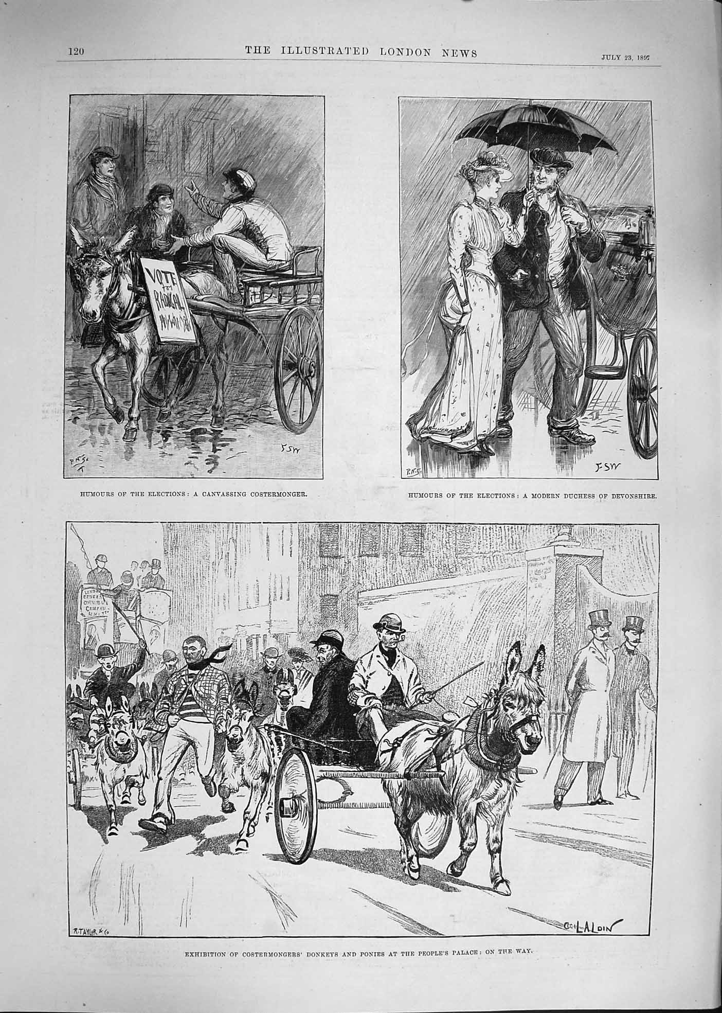 Original Old Antique Print 1892 Costermongers Donkeys Peoples Palace Elections