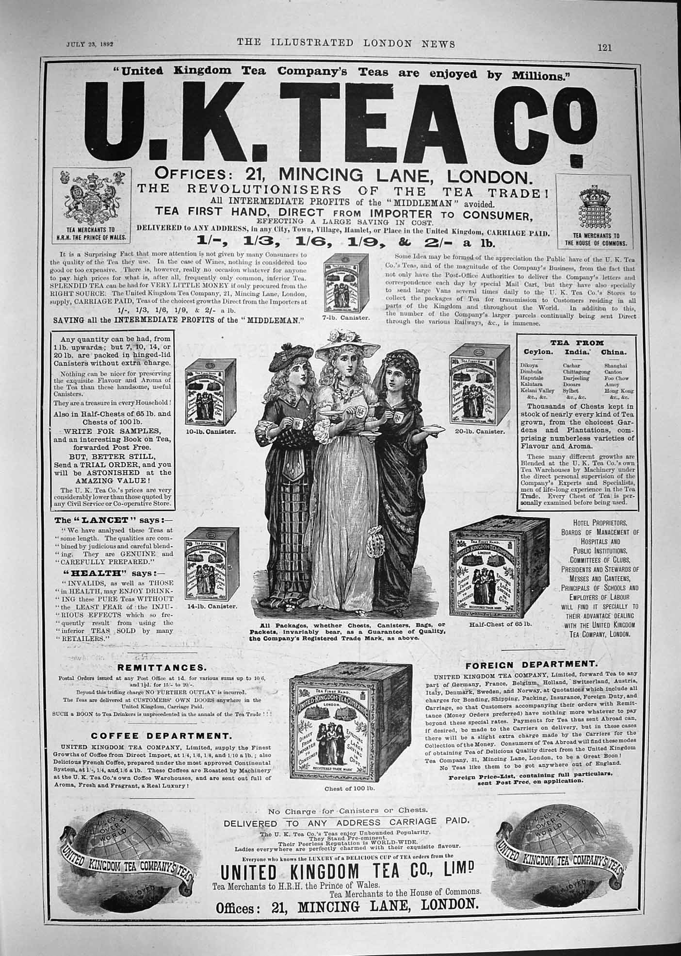 Original Old Antique Print 1892 Advertisement United Kingdom Tea Company 19th