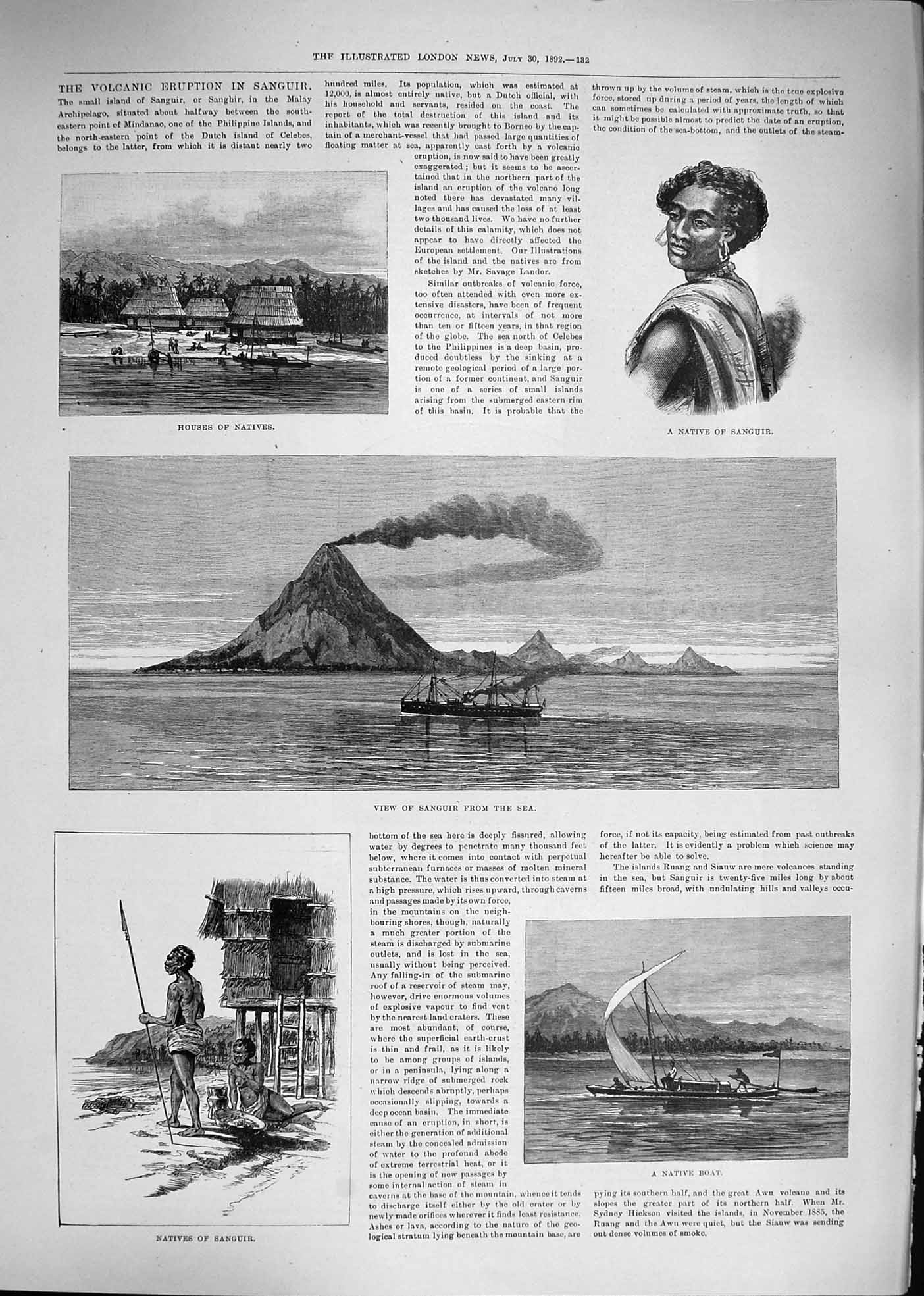 Original Old Antique Print 1892 Native Sanguir Volcano Eruption Boat Mountain
