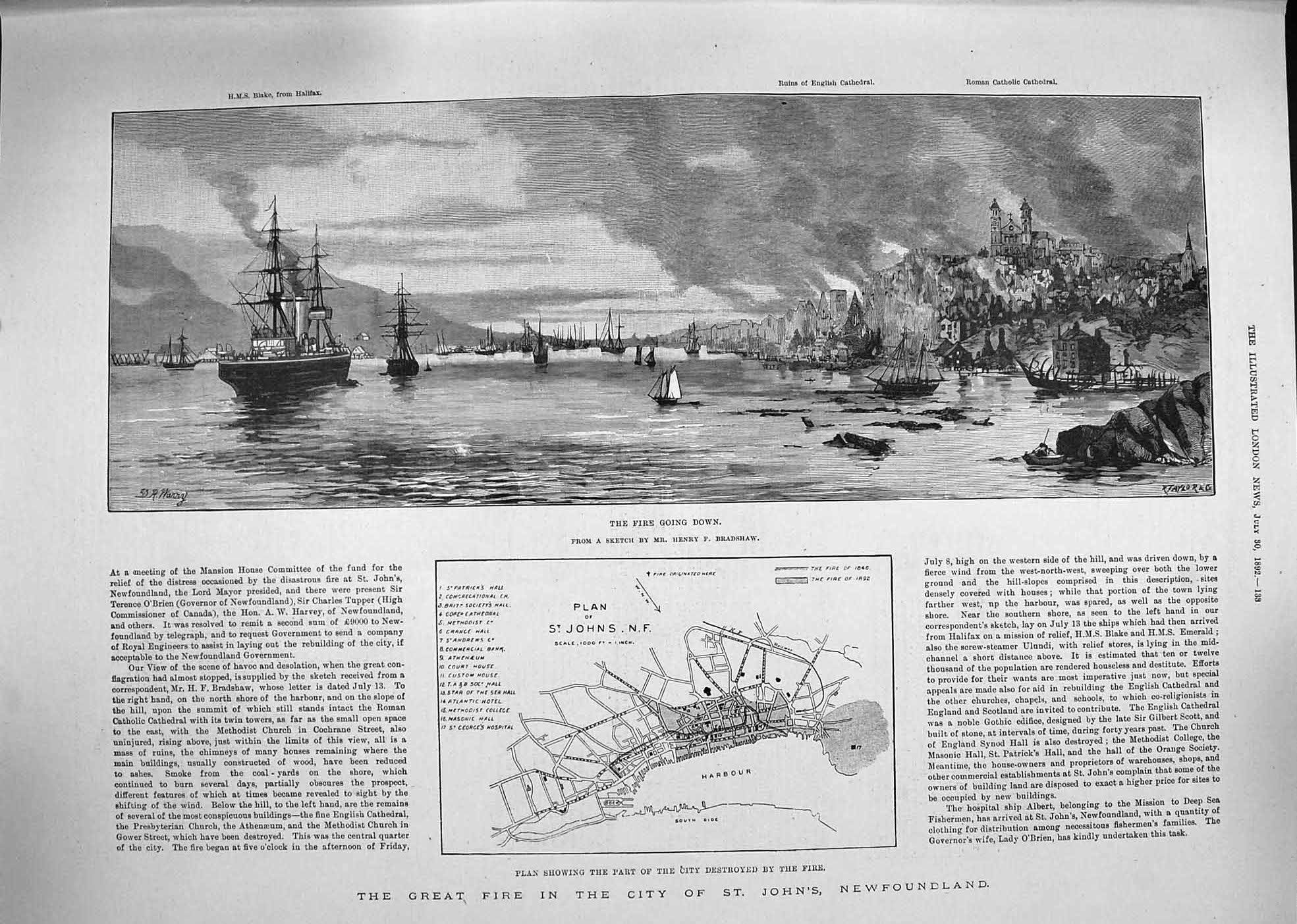 Original Old Antique Print 1892 Fire City St. John'S Newfoundland Ships B 19th