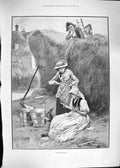 Original Old Antique Print 1892 Love Letter Hay Stack Farming Romance Ladies
