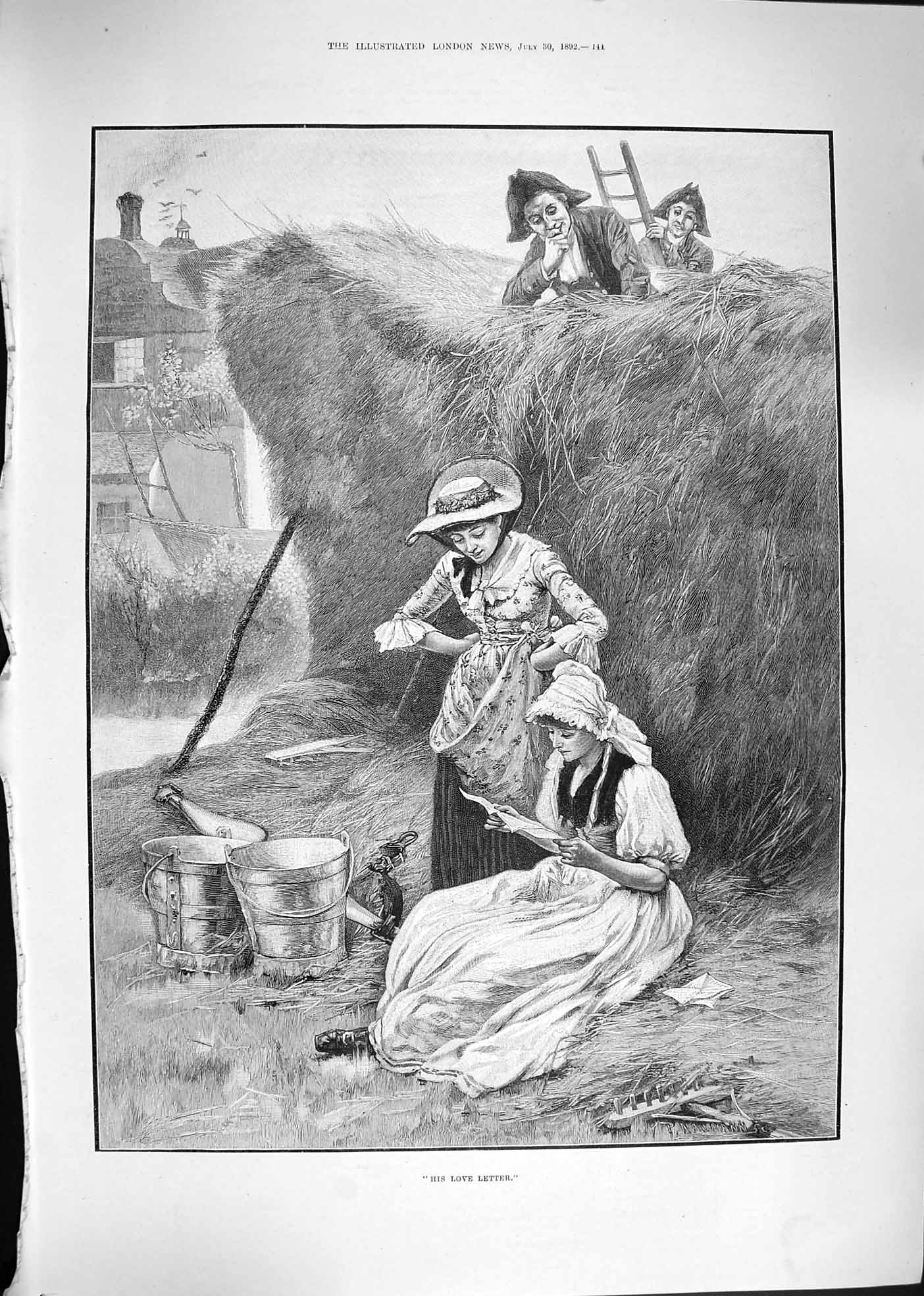 Original Old Antique Print 1892 Love Letter Hay Stack Farming Romance Ladies