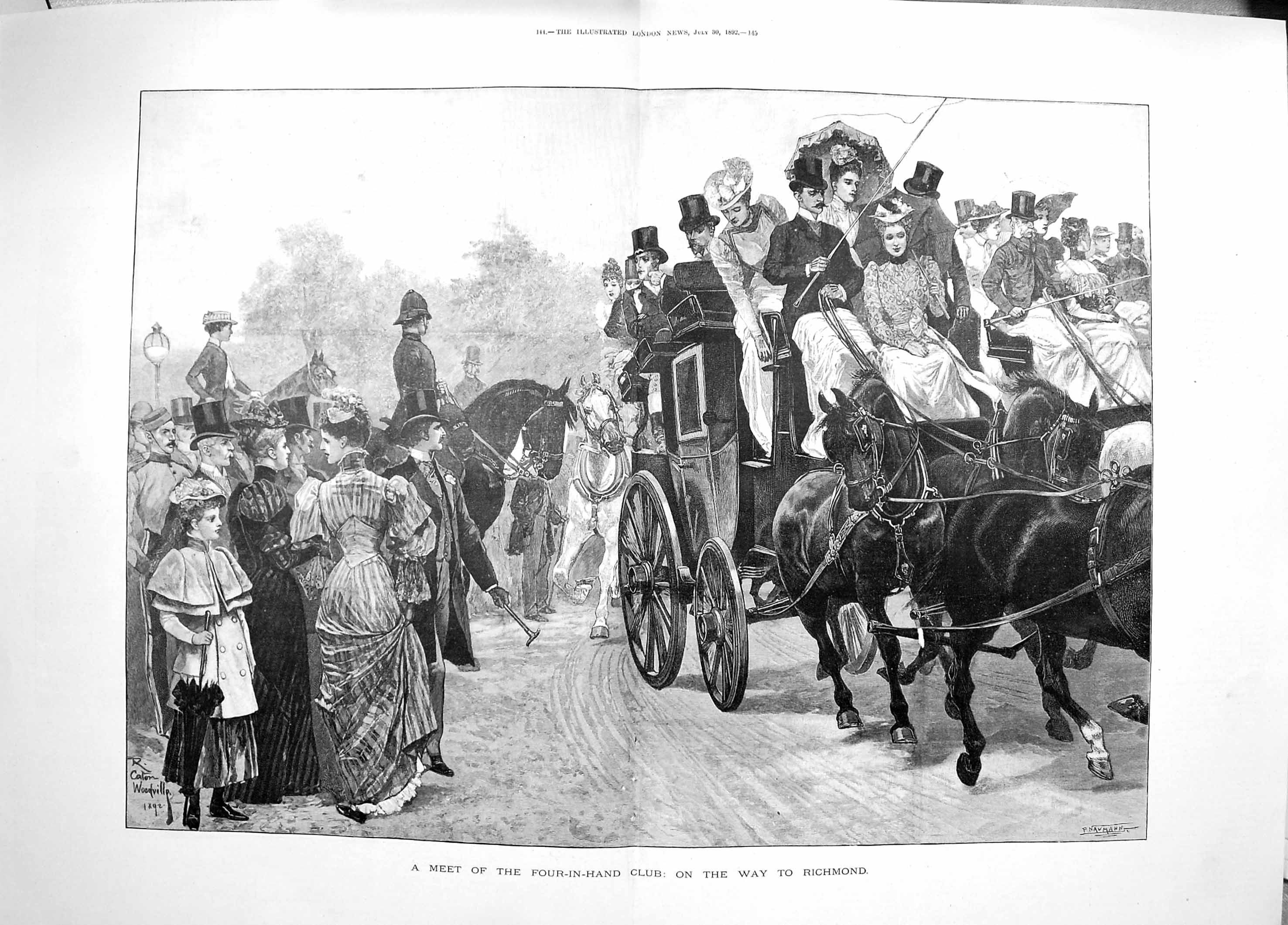 Original Old Antique Print 1892 Meet Four-In-Hand Club Horses Coach Richmond