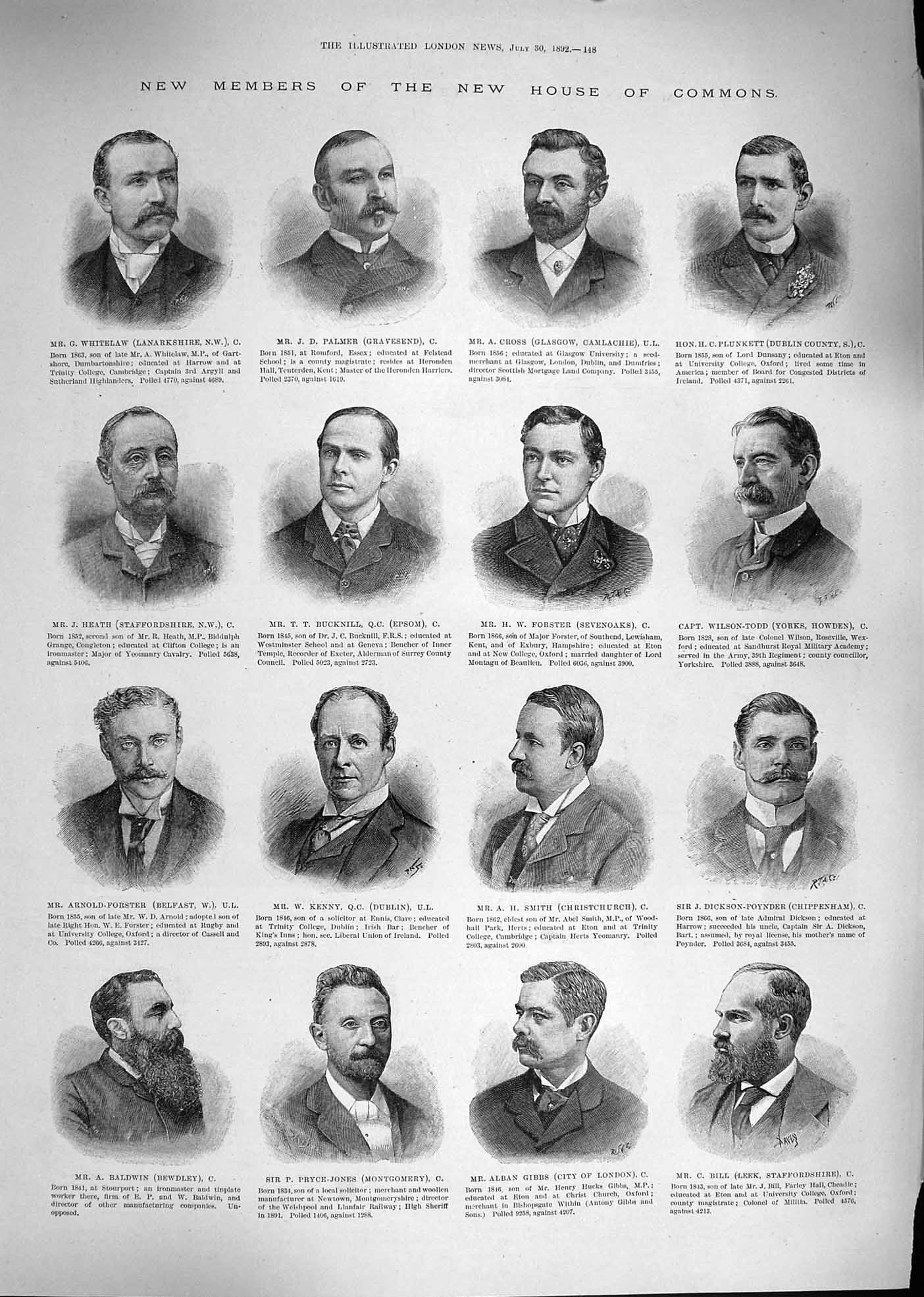 Old Antique Print 1892 Members Commons Kenny Smith Palmer Sinclair Allen 19th