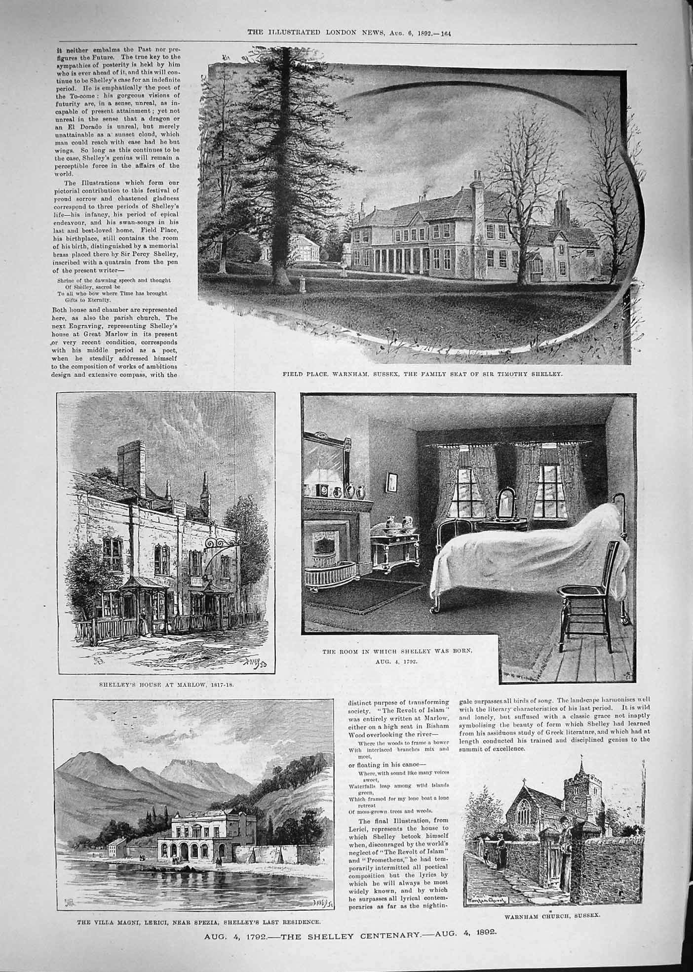 Original Old Antique Print 1892 Field Place Warnham Sussex Timothy Shelley 19th