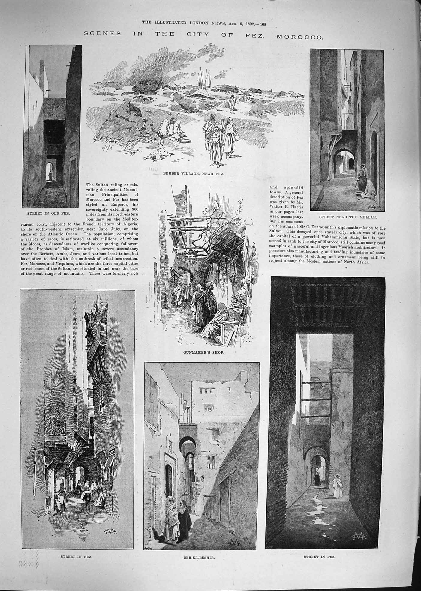 Original Old Antique Print 1892 Fez Morocco Berber Village Mellah Deb-El 19th