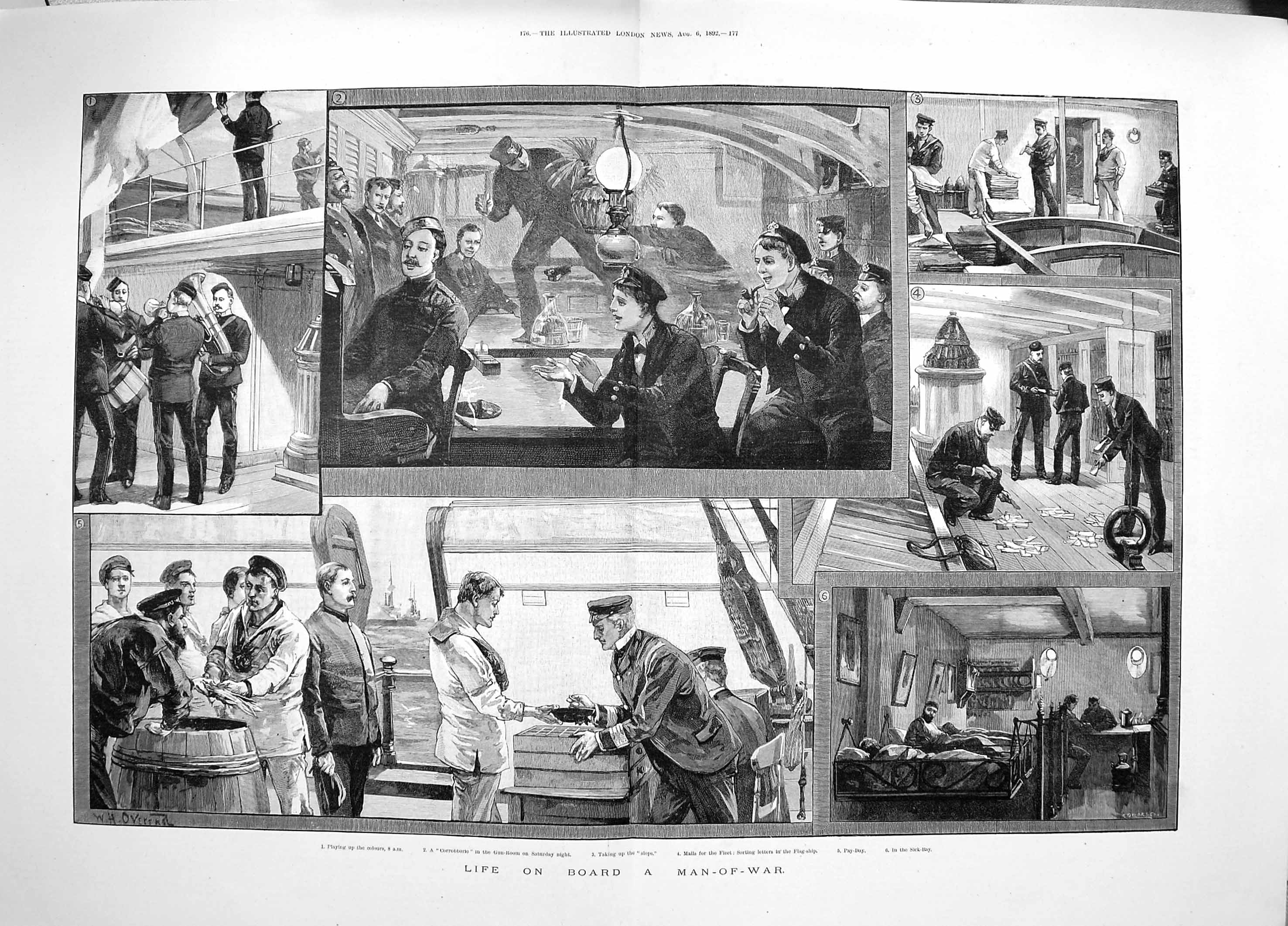 Old Antique Print 1892 Life Board Man-Of-War Ship Navy Sailors Sick-Bay 19th