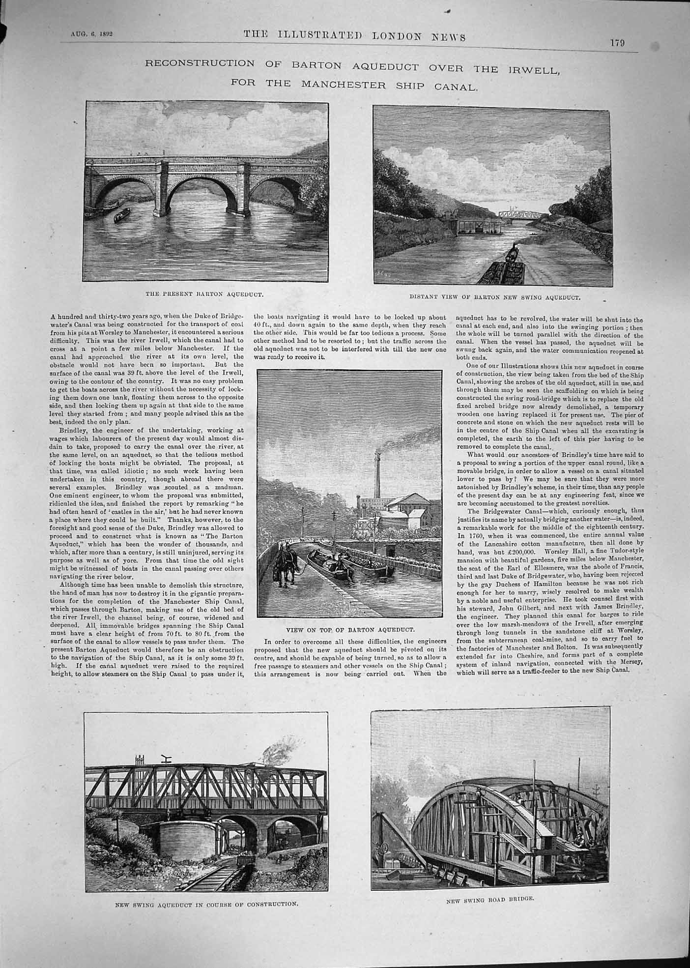 Original Old Antique Print 1892 Barton Aqueduct Manchester Canal Commons Seely