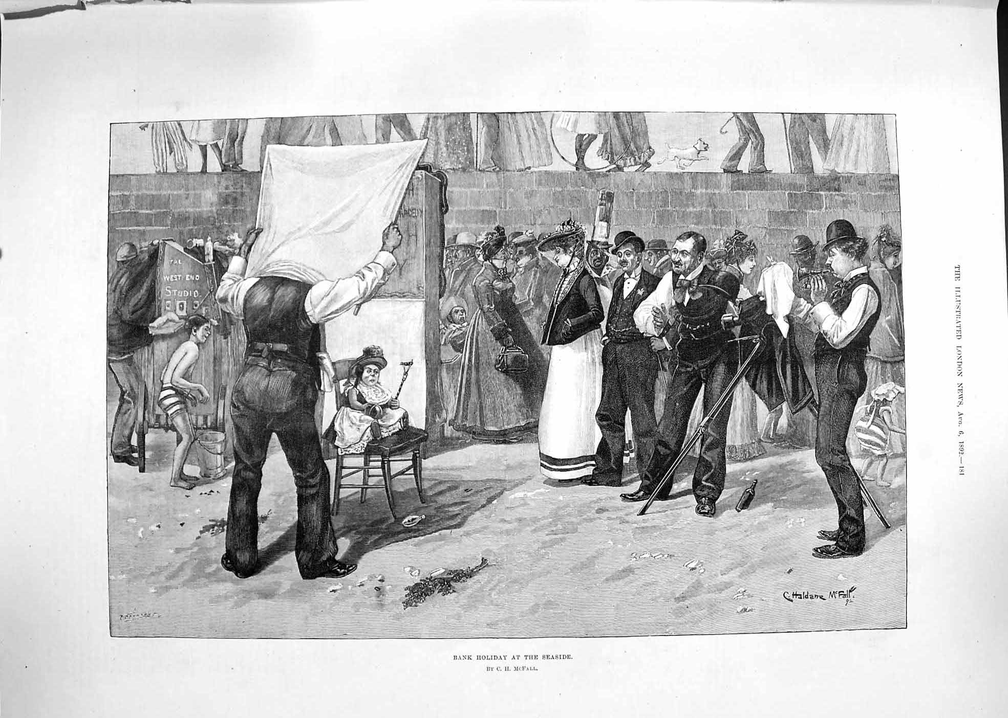 Old Antique Print Mcfall Fine Art 1892 Bank Holiday Seaside Entertainment 19th