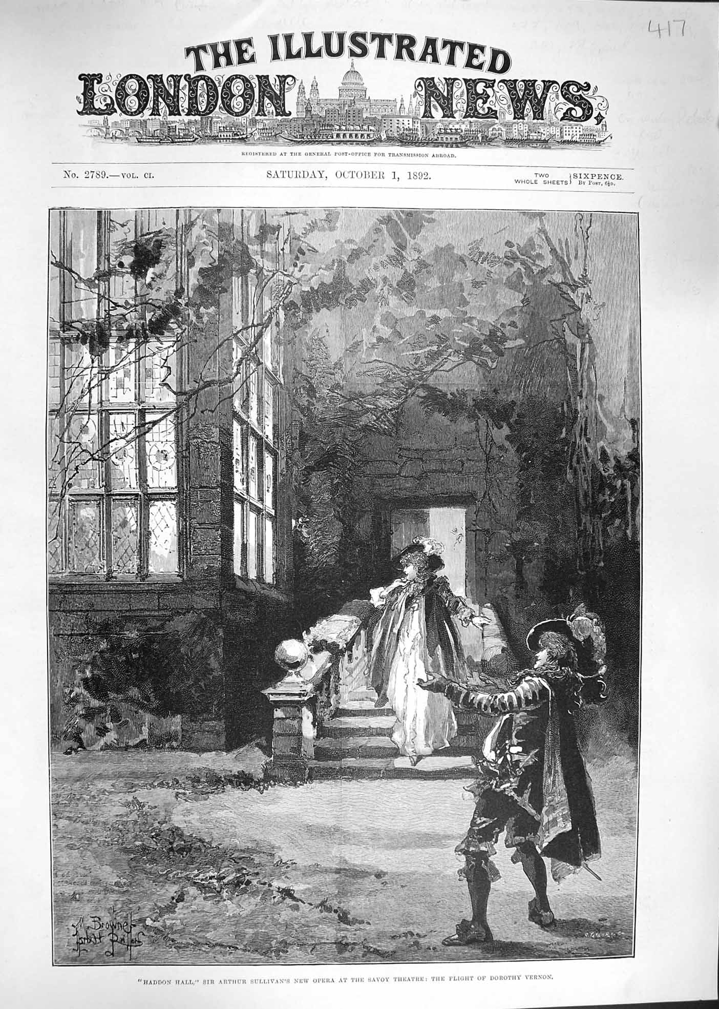 Original Old Antique Print 1892 Haddon Hall Savoy Theatre Arthur Suliva 19th