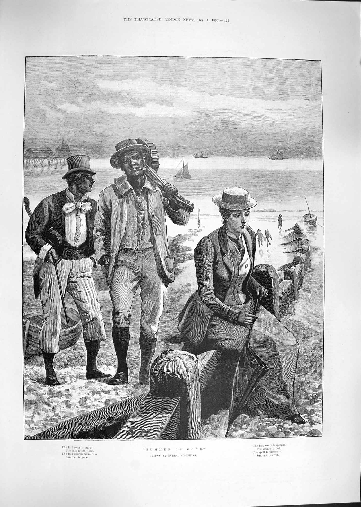 Original Old Antique Print 1892 Summer Is Gone Lady Native Men Music Hopkins